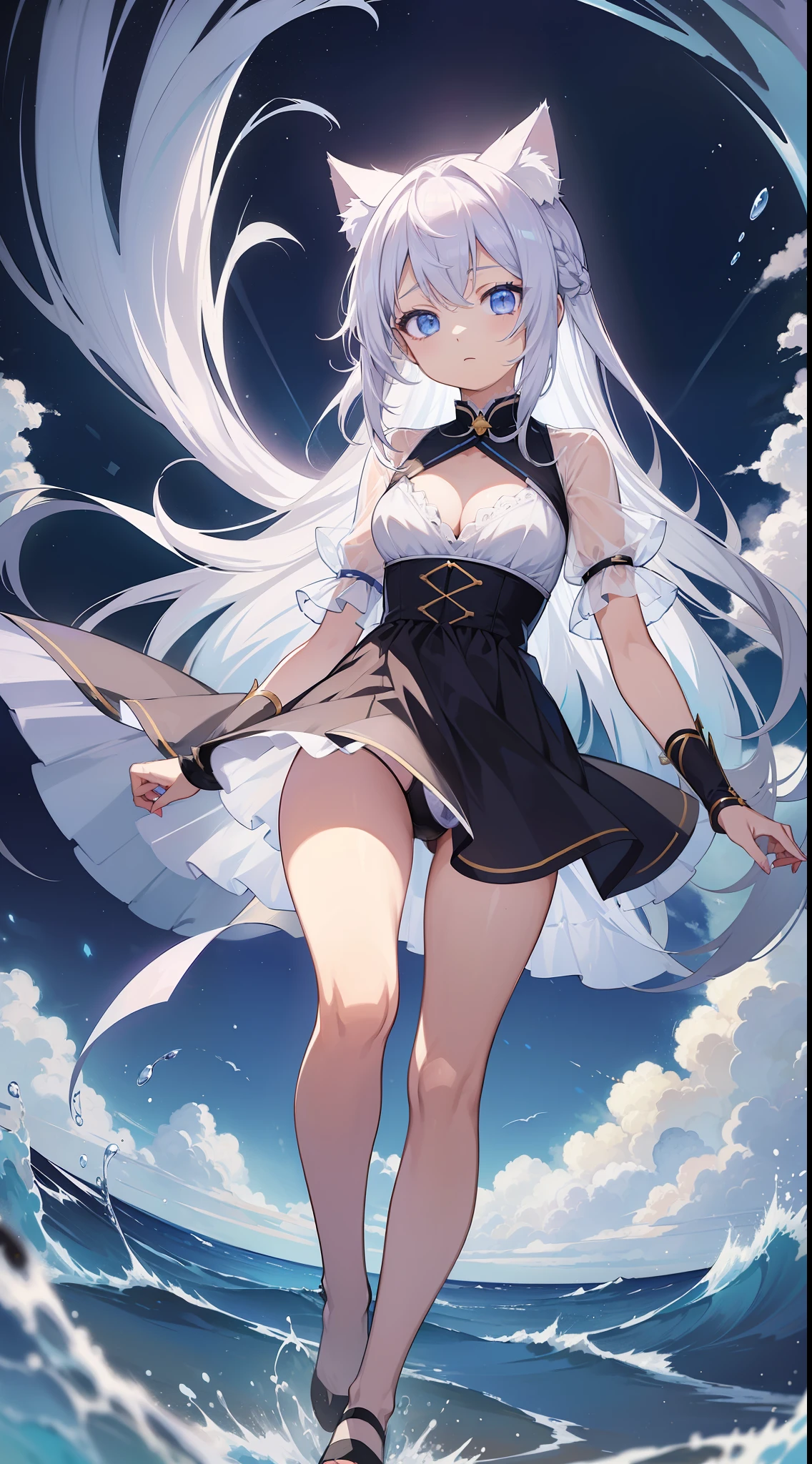 (Masterpiece), (Top Quality Anime Illustrations), (Super Definition), One Girl, Solo, Beautiful Girl with Silver Hair, Anime , Cat Ear Lolitite Loli, Siriestly Uniform, See-through, Cleavage Emphasis, Lower Breast Enhancement, Thigh Focus, Tarot Card Wind