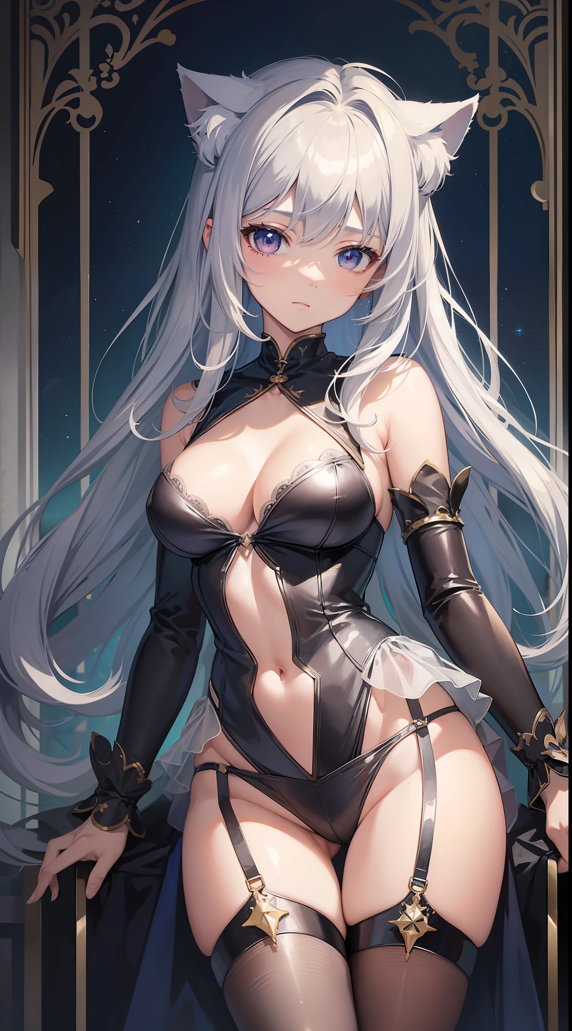 (Masterpiece), (Top Quality Anime Illustrations), (Super Definition), One Girl, Solo, Beautiful Girl with Silver Hair, Anime Loli, Cat Ear Loli, Petite Loli, Silk Priestly Uniform, See-through, Cleavage Emphasis, Lower Breast Enhancement, Thigh Focus, Tarot Card Wind