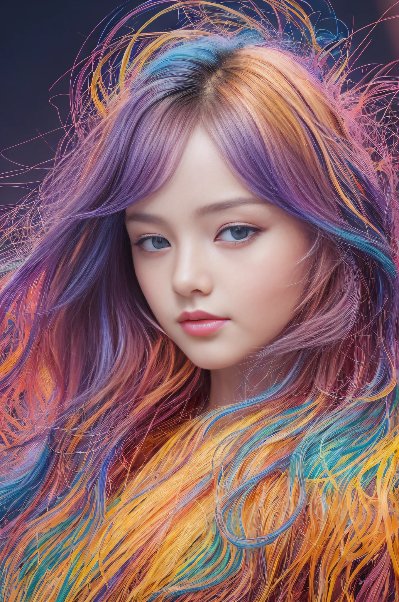 Colorful beautiful girl: a giru 8-years old, messy hair, oil painting, nice perfect face with soft skinice perfect face, blue yellow colors, light purple and violet additions, light red additions, intricate detail, splash screen, 8k resolution, masterpiece, cute face,artstation digital painting smooth veryBlack ink flow: 8k resolution photorealistic masterpiece: intricately detailed fluid gouache painting: by Jean Baptiste Mongue: calligraphy: acrylic: watercolor art, professional photography, natural lighting, volumetric lighting maximalist photoillustration: by marton bobzert:, complex, elegant, expansive, fantastical,  wavy hair, vibrant