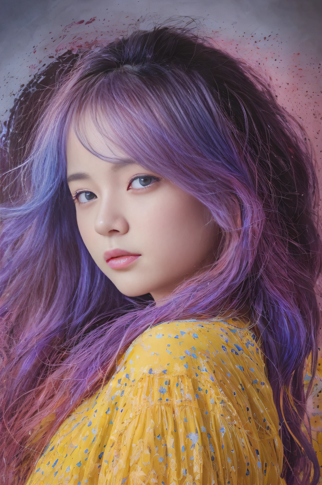 Colorful beautiful girl: a giru 8-years old, messy hair, oil painting, nice perfect face with soft skinice perfect face, blue yellow colors, light purple and violet additions, light red additions, intricate detail, splash screen, 8k resolution, masterpiece, cute face,artstation digital painting smooth veryBlack ink flow: 8k resolution photorealistic masterpiece: intricately detailed fluid gouache painting: by Jean Baptiste Mongue: calligraphy: acrylic: watercolor art, professional photography, natural lighting, volumetric lighting maximalist photoillustration: by marton bobzert:, complex, elegant, expansive, fantastical, wavy hair, vibrant