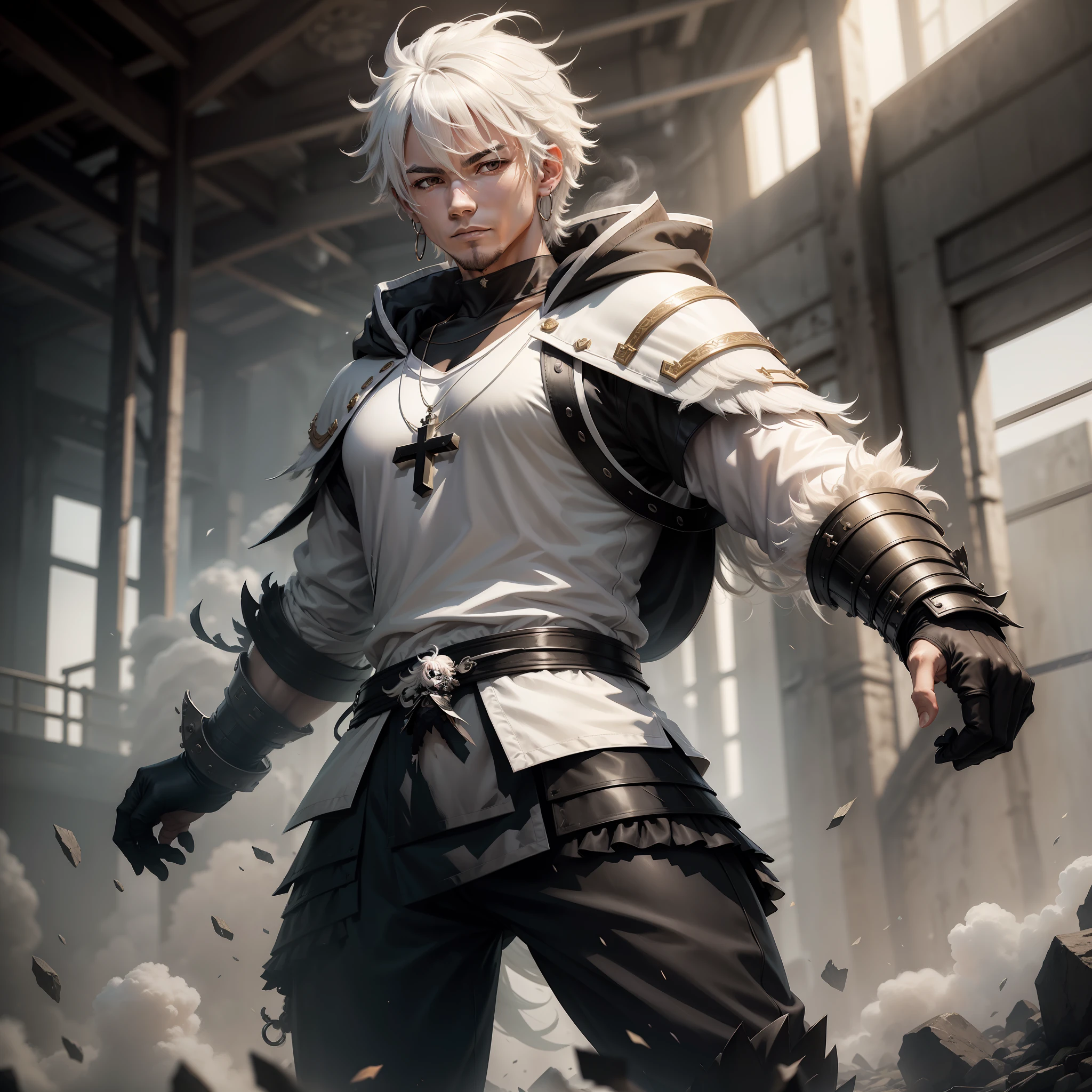 a man taking a battle stance, alone in the picture, full body, ruffled hair, alone, white hair, smelling, cloud hair, short hair, smile, crossed style clothes, hoop earrings on right ear, cross necklace, black pants, white hooded jacket, shirt inside in black, gladiator armor, hood, anime