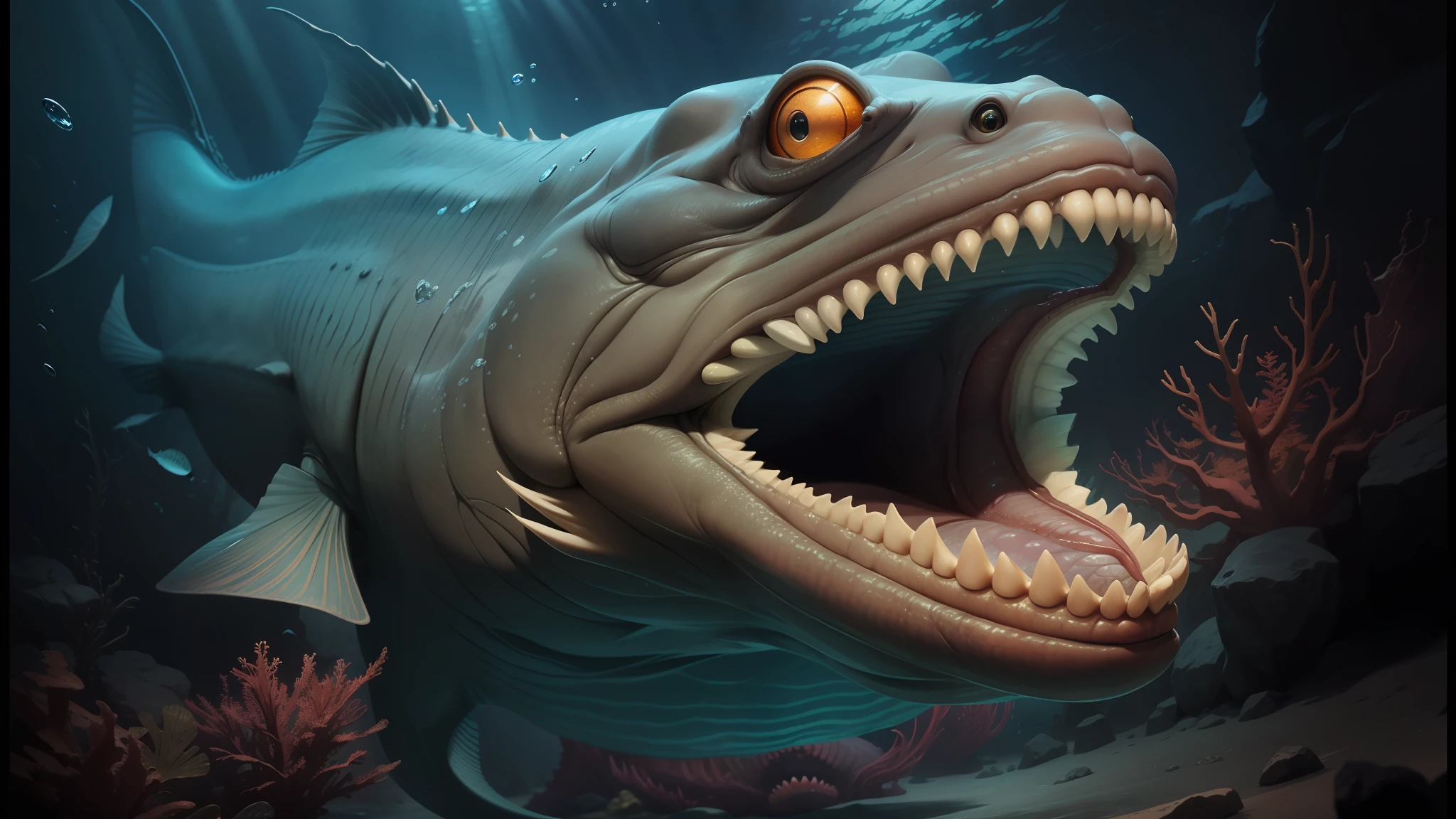 there is a fish with its mouth open and its mouth wide open, underwater sea monster, deep sea monster, scary sea monster, dagon, ocean giant creature bloop, sea monster, hyper realistic fantasy monster, 3 d epic illustrations, underwater leviathan, realistic photography paleoart, realistic paleoart, scary fish, realistic creature concept, sea monsters, large mouth with teeth