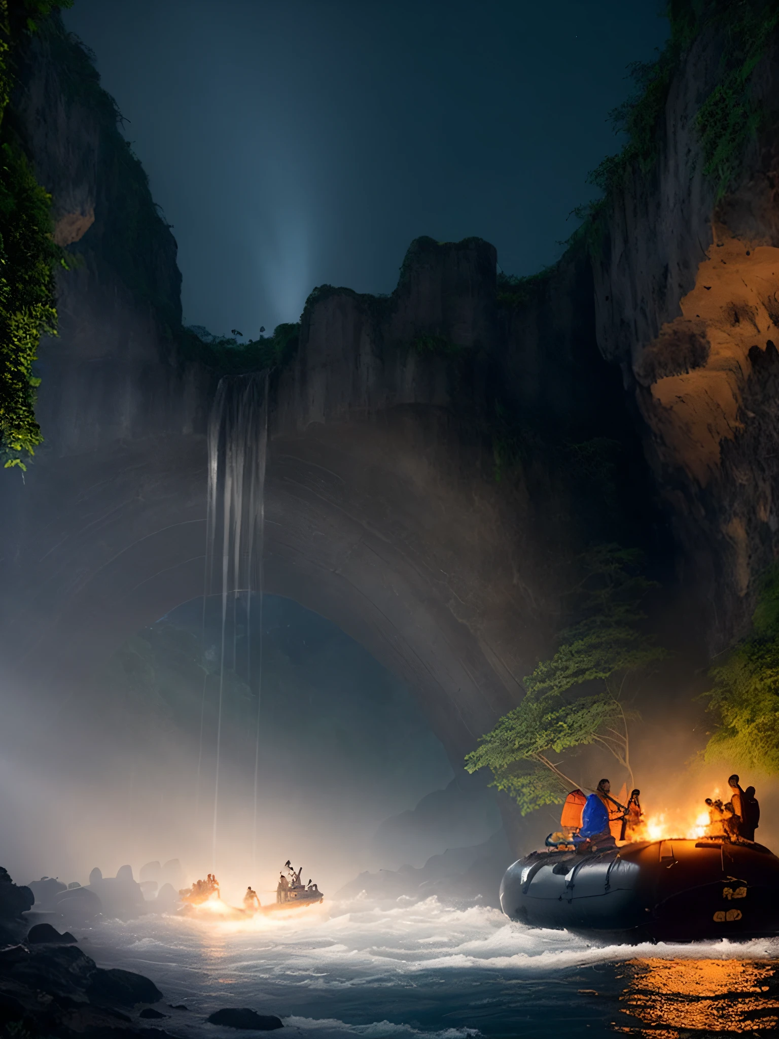 dramatic action , cinematic, epic, masterpiece of a hyper-realistic, atmospheric, dramatic Intricate, dark, mysterious, breathtaking, jungle environment, with (ruins of a temple) in front of a ((mysterious (cave) entrance:1)), (waterfalls), ((wild water river)), (((group in a black inflatable boat))), (light rays), (mysterious lights:1) , rocky cliffs, (at night), moonlight, ((torches)), fires, ((mysterious rays)), ((mysterious lights)), 8k, trending on ArtStation, trending on CGSociety, High Detail, Sharp focus, extreme detailed, (photo:1), reminiscent of a concept art , masterpiece, High Sharpness, High Detail, 8k, photorealistic, dramatic lighting, soft shadows, cinematic lighting, hard focus,