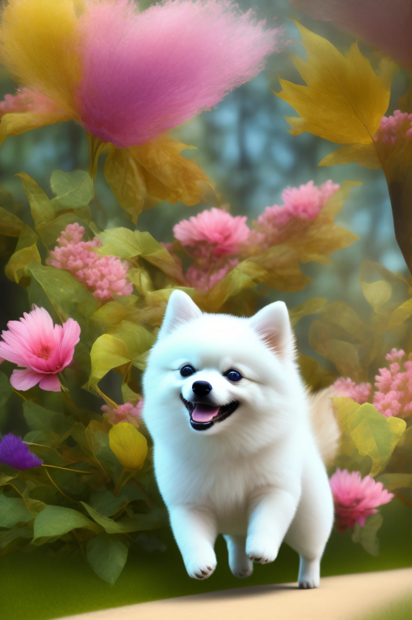 A smiling cute white Pomeranian dog running in the sunny woods, this is a high-definition digital painting, this is a digital artwork, the cute expression of the little Pomeranian dog is healing and warm, there are flowers next to it, pieces of transparent leaves are falling down, the background flashes with light points to give a surreal feeling, there is light in the eyes, the hair has a 3D texture, the kitten has a three-dimensional sense, the neck has a black collar, and the little Pomeranian dog ears are pink