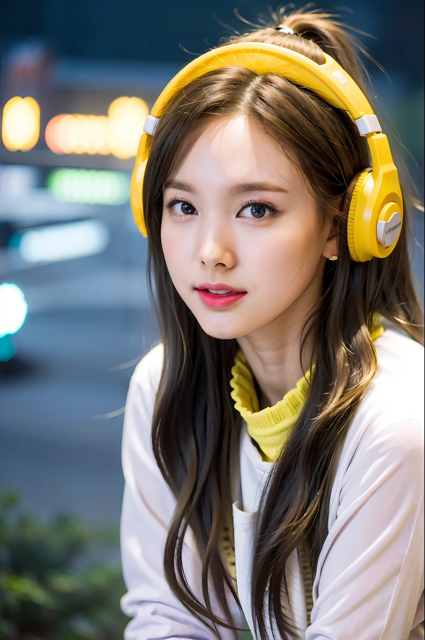 (Realistic:1.2), 18yo Girl, headphones Outfit, yellow jacket, view from below, (city:1.4), (starry sky:1.1) , (neon lights, sparkle, lightning:1.1)