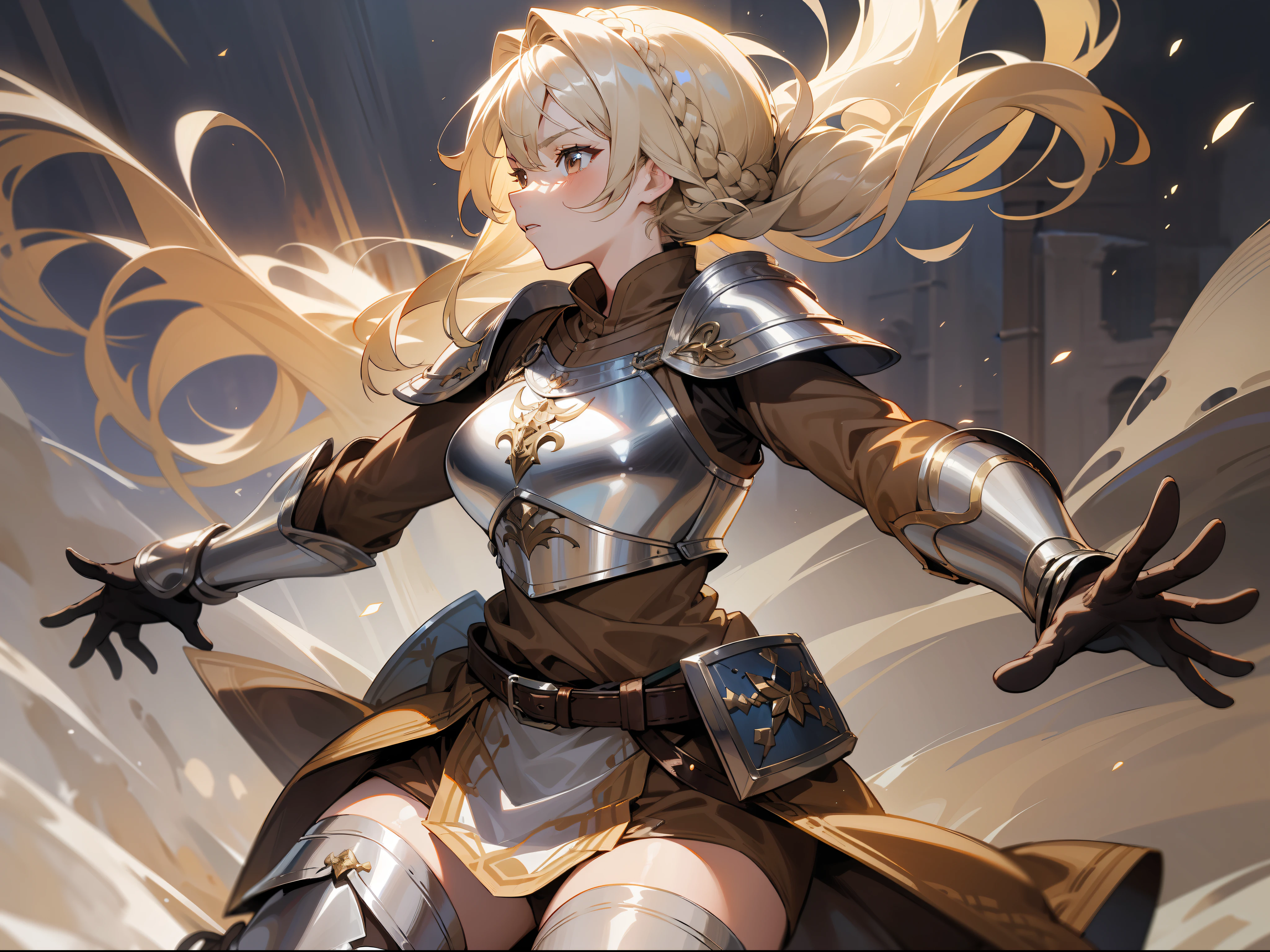masterpiece, best quality, mature woman, warrior, long light blonde braided hair, brown clothing, silver breastplate, silver shin guard, belt, skirt, costume, medieval, in a battle arena, night, dynamic pose, beautiful detailed glow.