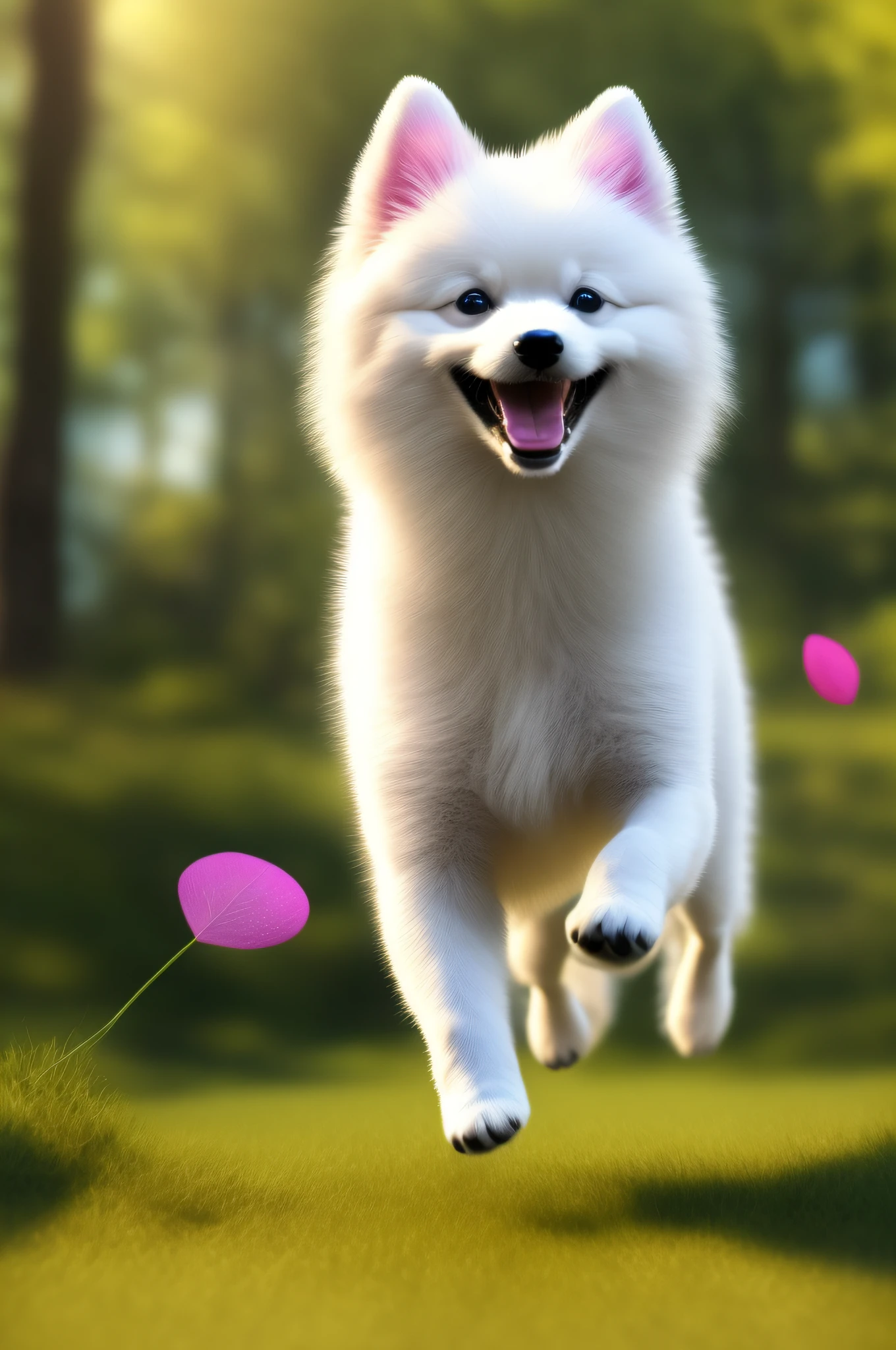 A smiling cute white Pomeranian dog running in the sunny woods, this is a high-definition digital painting, this is a digital artwork, the cute expression of the little Pomeranian dog is healing and warm, there is a transparent leaf falling next to it, the background flashes with light spots to give a surreal feeling, there is light in the eyes, the hair has a 3D texture, the kitten has a three-dimensional sense, the neck has a black collar, and the little Pomeranian dog ears are pink
