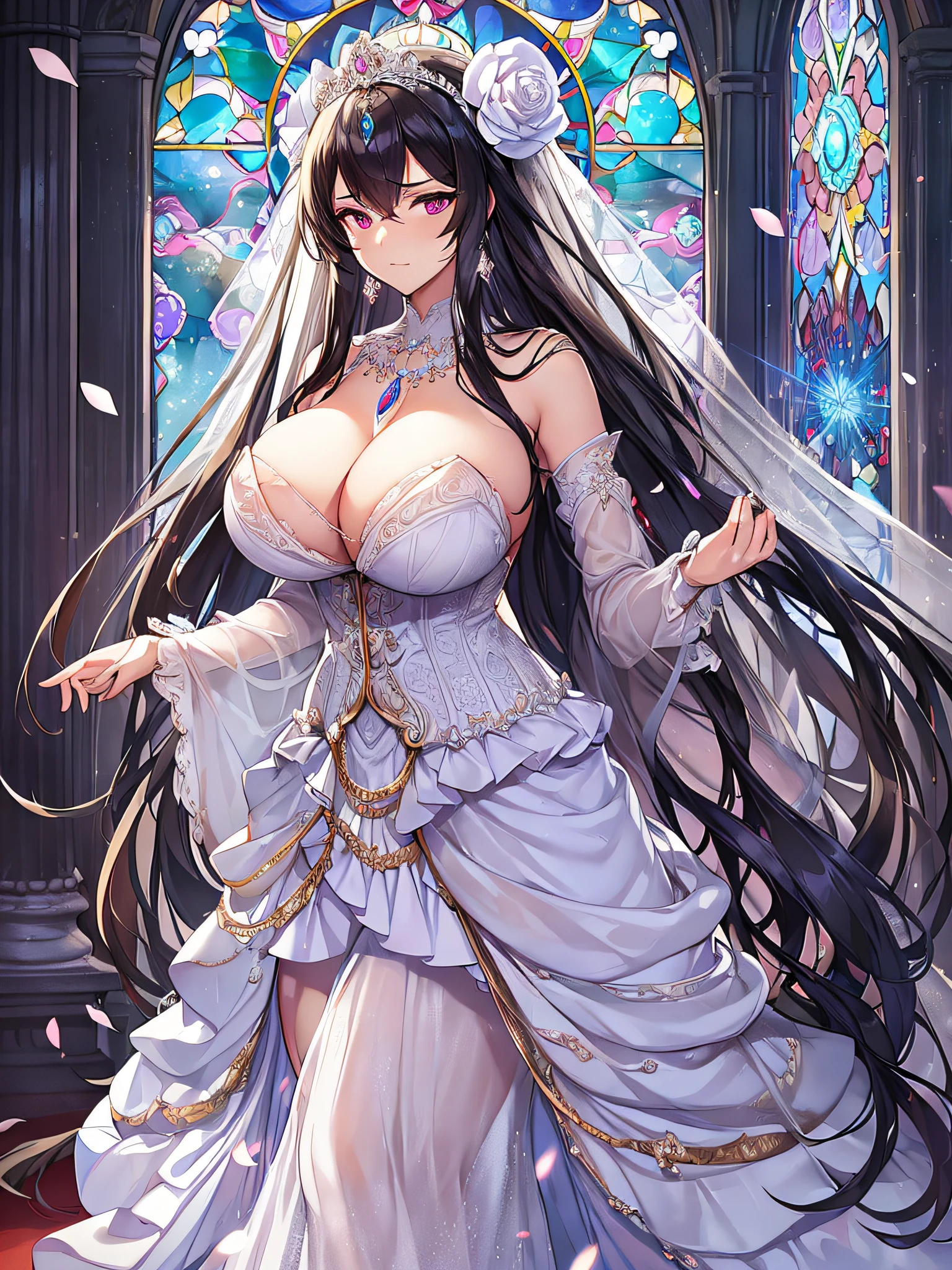 ((anime artstyle)),(Masterpiece), (Best Quality), (Super Detail), Illustration, (((Very Delicate and Beautiful))),Dynamic Angle,Looking at viewer,((((Solo)))),(((Full body))),(((1 arrogant empress in See-through white wedding dress having a wedding ceremony in a royal palace))),(standing),(((embarrassed))),anguish,Purple eyes,(Sharp eyes),Detailed Face, Long Eyelashes,Jet Black Hair,Straight Hair,((Very Long Hair)),Bangs between eyes,((((gigantic breasts)))),cleavage,((skindentation)),curvy,off shoulder,See-through,(((fusion of See-through white wedding dress and white rococo ball gown))),(fluffy See-through rococo white wedding ball gown with gorgeous embroidery),(((hoop skirt))),long skirt,corset,crinoline,long bridal veil,ultra long gloves,Beautifully Gorgeous jeweled big tiara,Beautifully Gorgeous gem earrings,Beautifully Gorgeous jeweled necklace,Beautifully Gorgeous jeweled ornaments,indoor,white lily flowers, flower petals flowing,Stained glass,light particles,Sacred Light