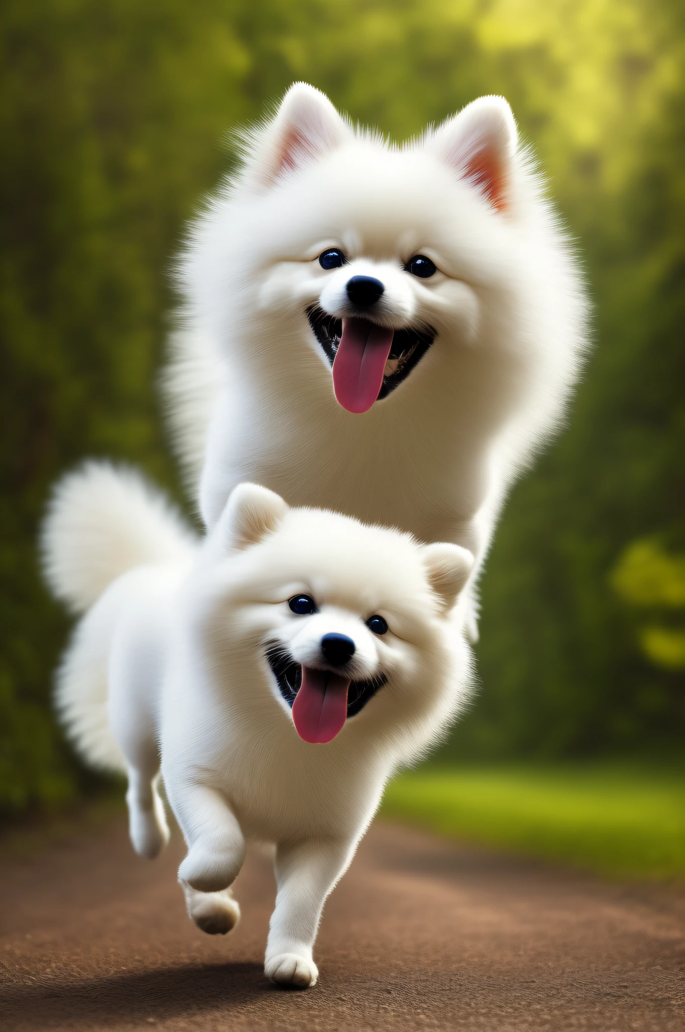 A smiling cute white Pomeranian dog running in the sunny woods, this is a high-definition digital painting, this is a digital artwork, the cute expression of the little Pomeranian dog is healing and warm, there is a transparent leaf falling next to it, the background flashes with light spots to give a surreal feeling, there is light in the eyes, the hair has a 3D texture, the kitten has a three-dimensional sense, the neck has a black collar, and the little Pomeranian dog ears are pink