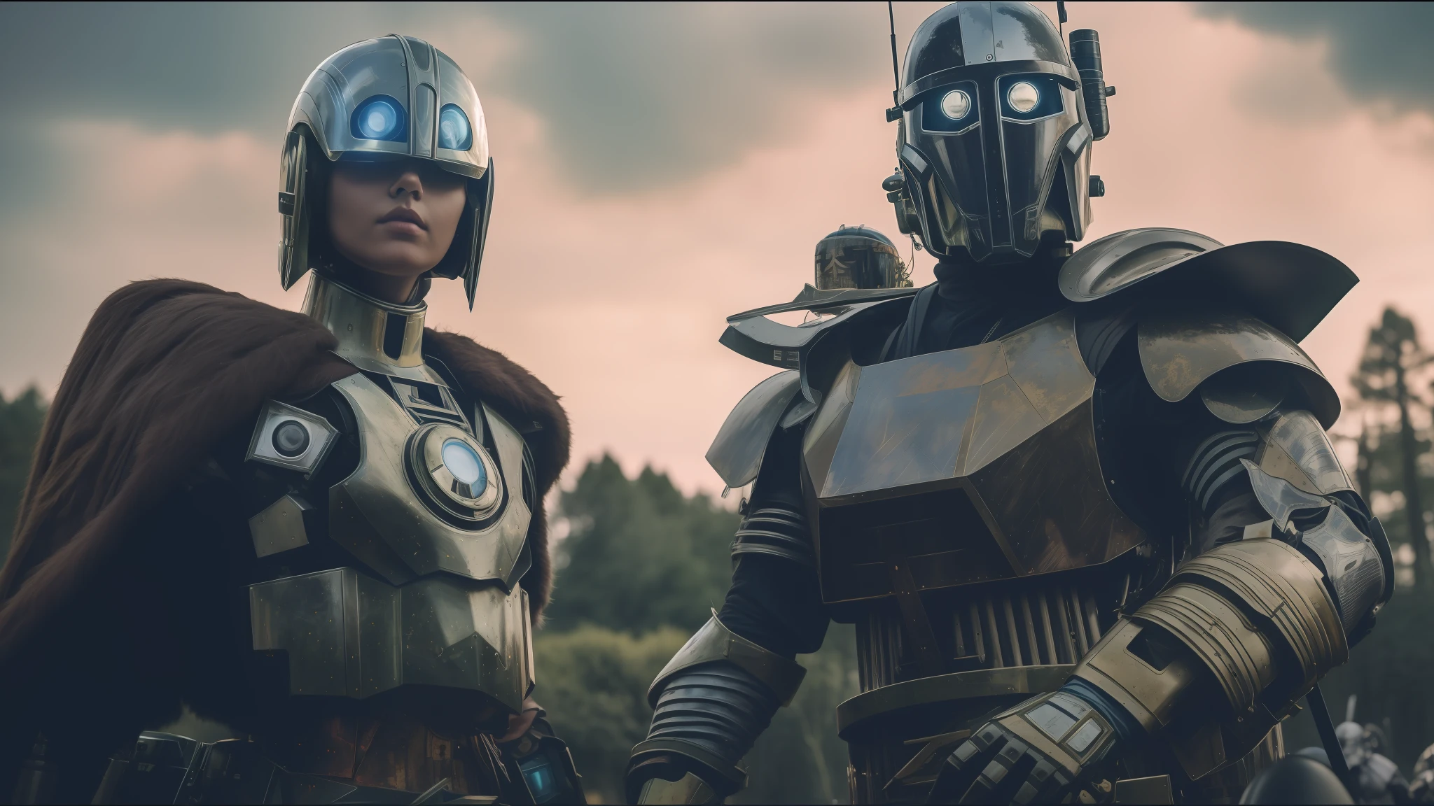 several people in armor standing in a forest with trees, humanoid robot from ex machina, color grading, [ metal ], metabaron, die antwoord style wear, pale blue faces, ariana grande in star wars, brass woman, oilpunk, guards, codex