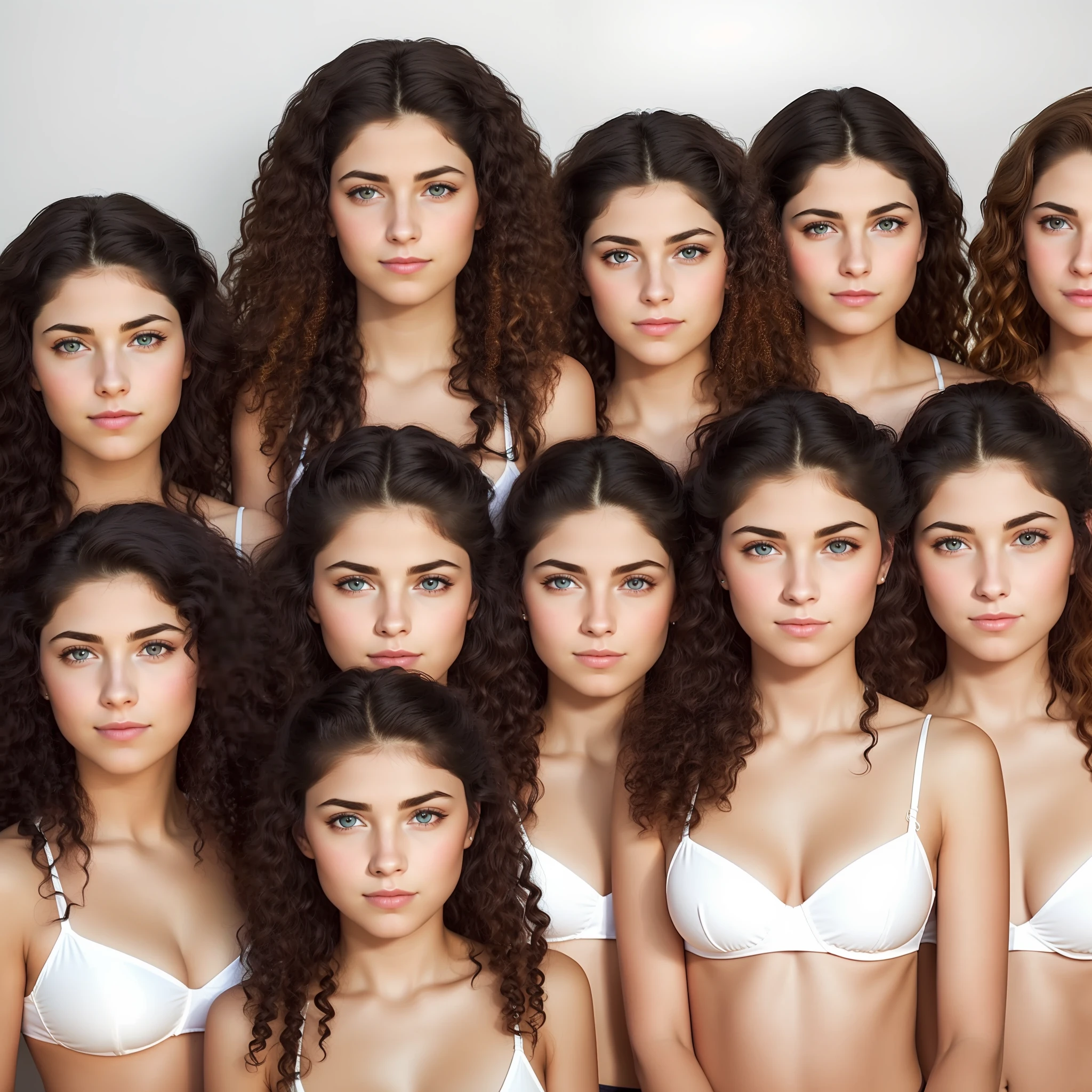 stunning identical sextuplets standing close together, in a room, 25 years old, full body, identical bodies, pale skin, caucasian athletic body, identical height, wearing white bikini, white bikini bottms, same faces, same hairstyle, long curly hair, same colour hair, light brown hair, five fingers on each hand, smiling, color, realistic, sharp focus on eyes, sharp focus on nose, 8 k, high definition, insanely detailed, elegant, ultra realistic, photorealism,
