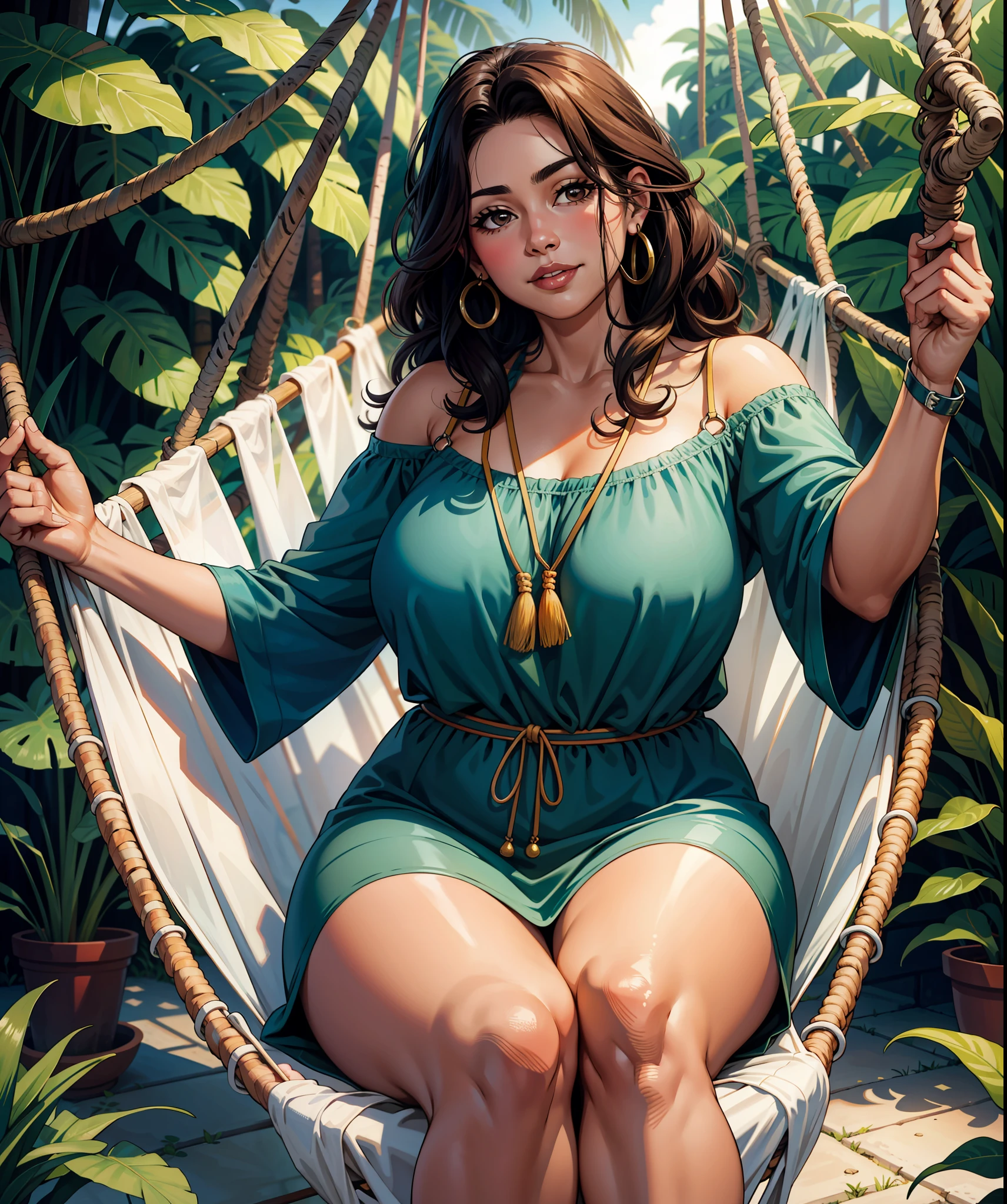 mature Mexican woman, long curly hair, chubby and short in a hammock, small breasts