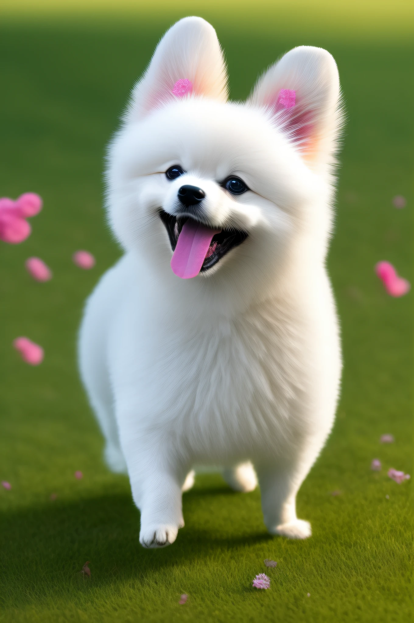 A smiling cute white Pomeranian dog is frolicking in the park, this is a high-definition digital painting, this is a digital artwork, the cute expression of the little Pomeranian dog is warm and warm, there is a transparent leaf falling down next to it, the background flashes with light spots to give a surreal feeling, there is light in the eyes, the hair has a 3D texture, the kitten has a three-dimensional sense, the neck has a bow tie decoration, and the little Pomeranian dog ears are pink