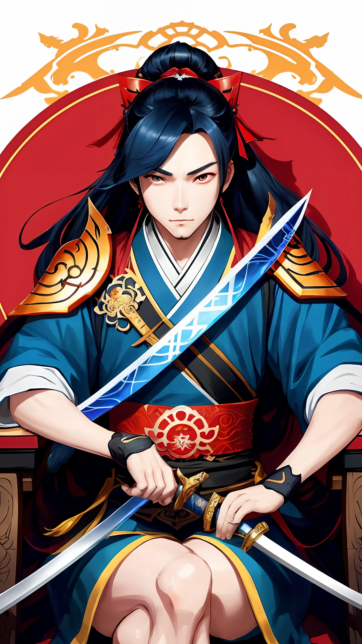 a close up of a person sitting on a chair with a sword, onmyoji, onmyoji detailed art, artgerm and genzoman, rossdraws and jazza, range murata and artgerm, masayoshi suto and artgerm, hanzo from overwatch, inspired by Huang Shen, heise jinyao, onmyoji portrait