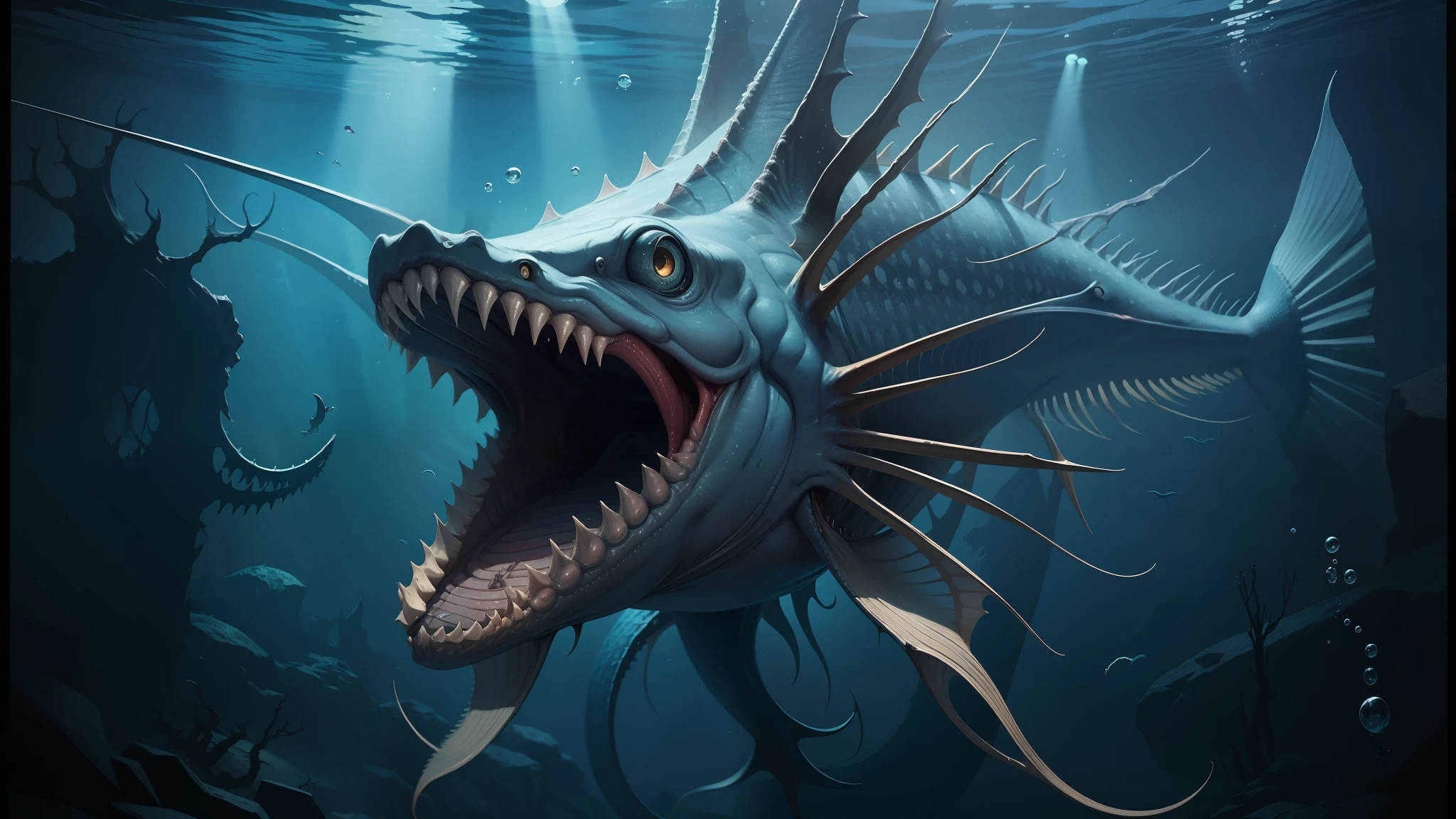 there is a fish with its mouth open and its teeth wide open, scary fish, realistic paleoart, illustration of an angler fish, scary sea monster, sea monster, deep sea picture, deep sea fish, dagon, sea monsters, angler fish, dnd triton, hyper realistic fantasy monster, realistic creature concept, underwater sea monster, crazy fish, ancient fish