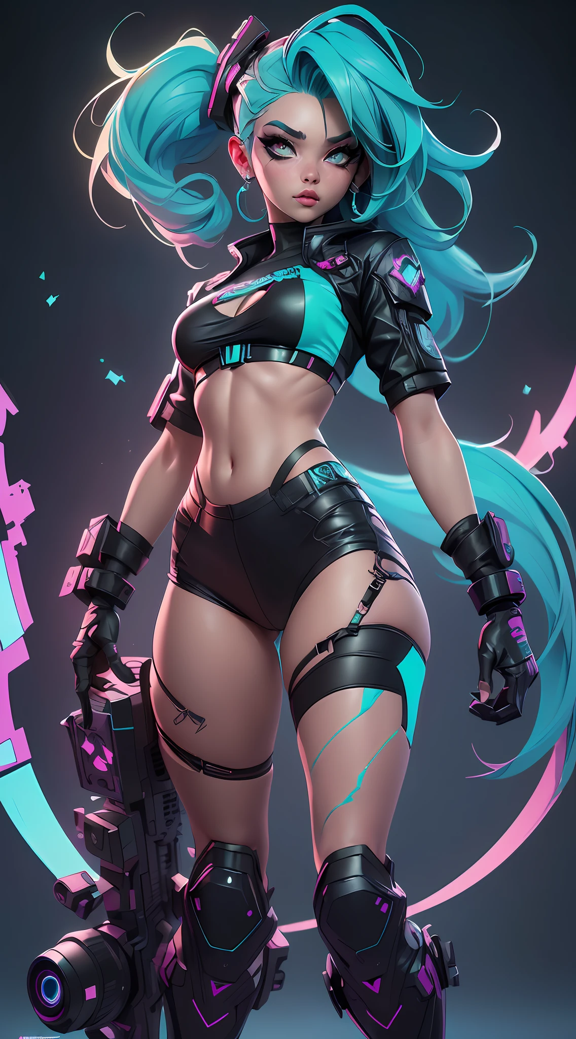 ((Best Quality)), ((Masterpiece)), ((Realistic)) and ultra-detailed photography of a 1nerdy girl with goth and neon colors. She has ((turquoise hair)), wears a (tech-wear top) and a (black g-string) , (bare legs) ((beautiful and aesthetic)), sexy, under-boobs, hot (by Thomas Benjamin Kennington), ( by Pixelsketcher), (by Bayard Wu)