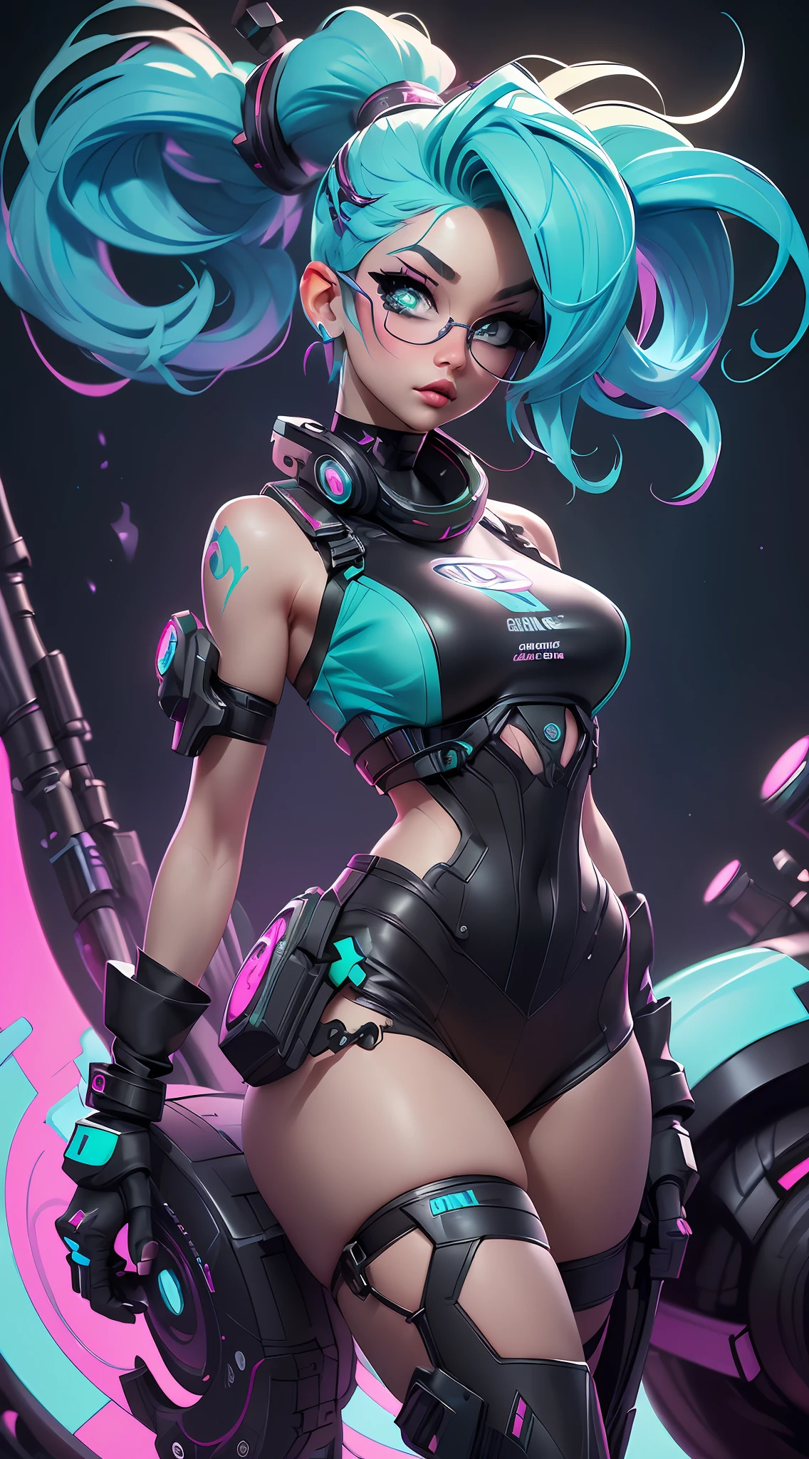 ((Best Quality)), ((Masterpiece)), ((Realistic)) and ultra-detailed photography of a 1nerdy girl with goth and neon colors. She has ((turquoise hair)), wears a (tech-wear top) and a (black g-string) , (bare legs) ((beautiful and aesthetic)), sexy, under-boobs, hot (by Thomas Benjamin Kennington), ( by Pixelsketcher), (by Bayard Wu)