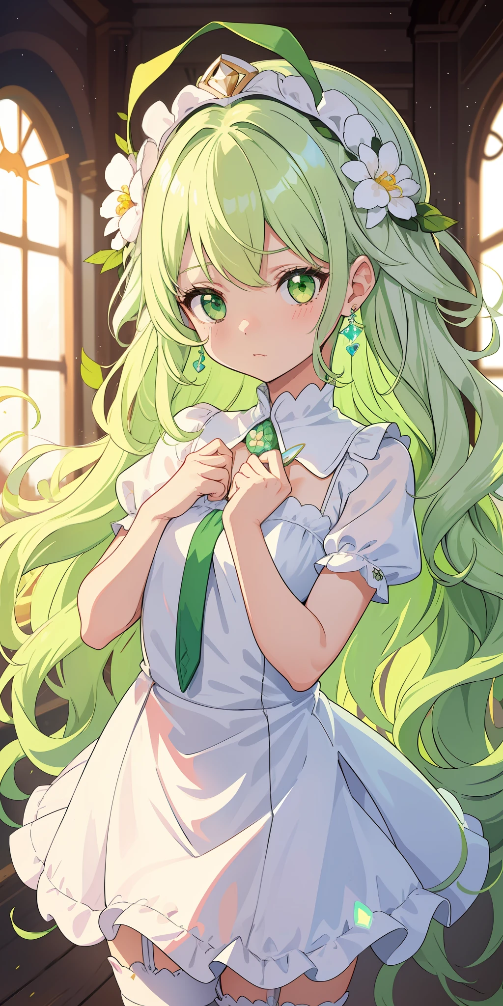 (cute with light green hair), (white dress), wavy hair, long hair, (flower headdress), heart-shaped earrings, (eyes shining like crystal), innocence, (shy), indoor, short sleeves, (young), (white tender skin), (slender body), (white stockings), cute cute, cute, cutest cute, cute, cute, endearing, immature