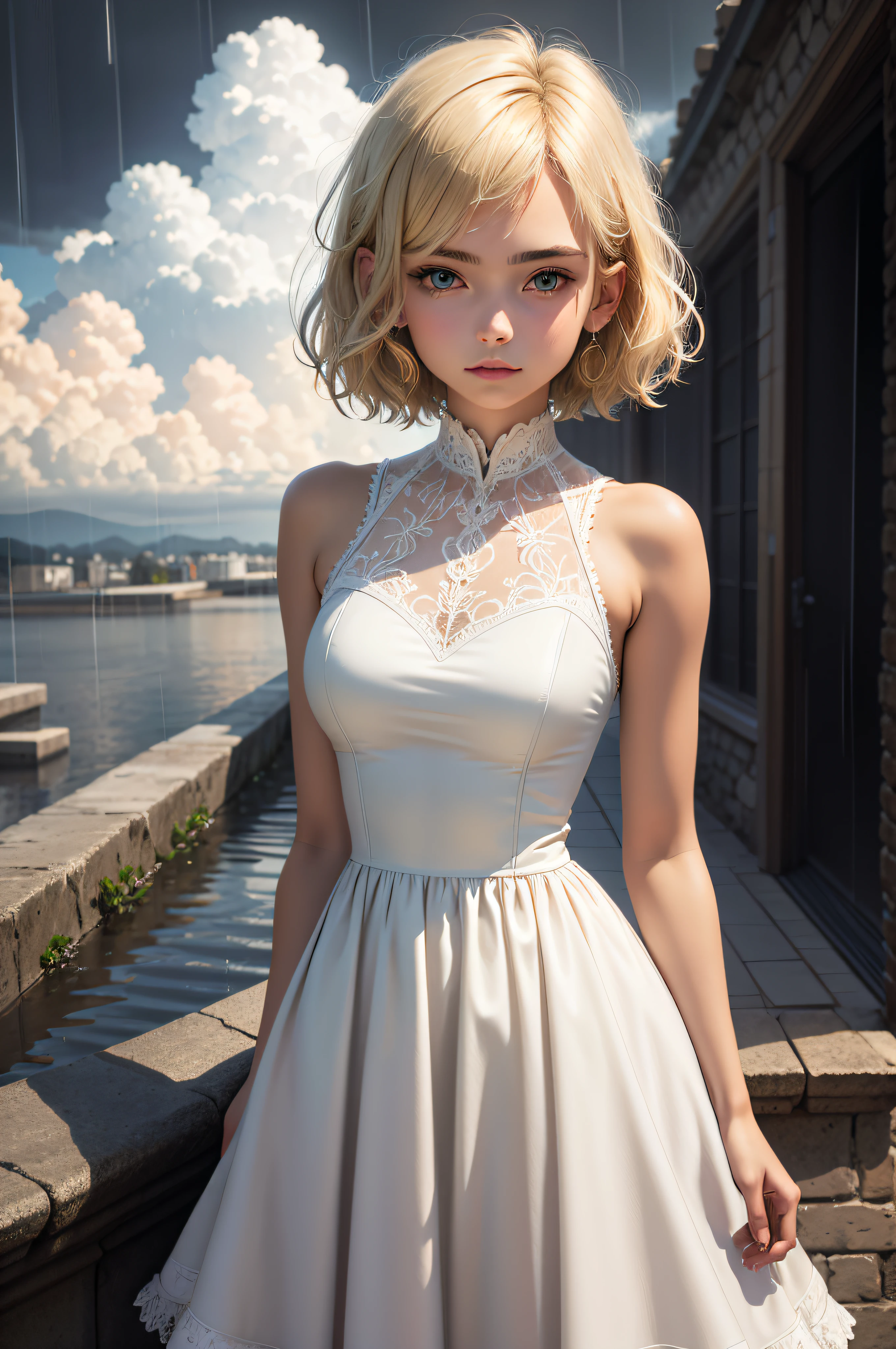 18 year old girl, amazing dress, short dull hair, blonde, beautiful face, rain, roof, masterpiece, intricate details, perfect anatomy