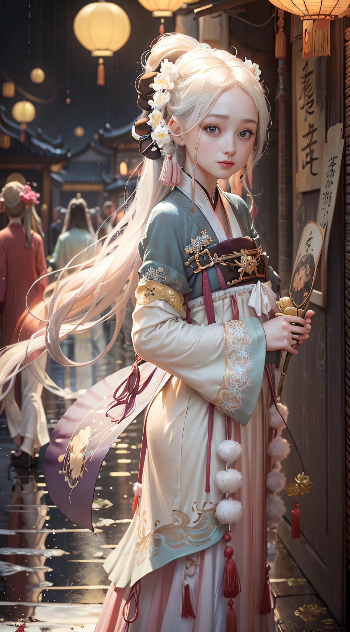 (Positive Focus), (In the Dark: 1 Girl), Surrealist Female Portraits by David Hockney and Alphonse Mucha, Fantasy Art, Photo Realism, Dynamic Lighting, Art Station, Poster, Volumetric Lighting, Very Detailed Faces, 4k Wallpaper, Award-Awarded, 1 Girl Girl, Long White Hair, Ponytail, Tassel Hair Accessories, Peony Flower Hair Ornament, Chinese Girl, Smile Emoji, Mole Under Eyes, Dynamic Perspective, Chinese Style, White Hanfu, Embroidery Pattern, Half-off Top, Legless, Sexy, Seduction, Oil Paper Umbrella, Rainy Day, night, lanterns, ancient Chinese streets, multiple Hanfu pedestrians in the background, ribbons fluttering, movie lights,