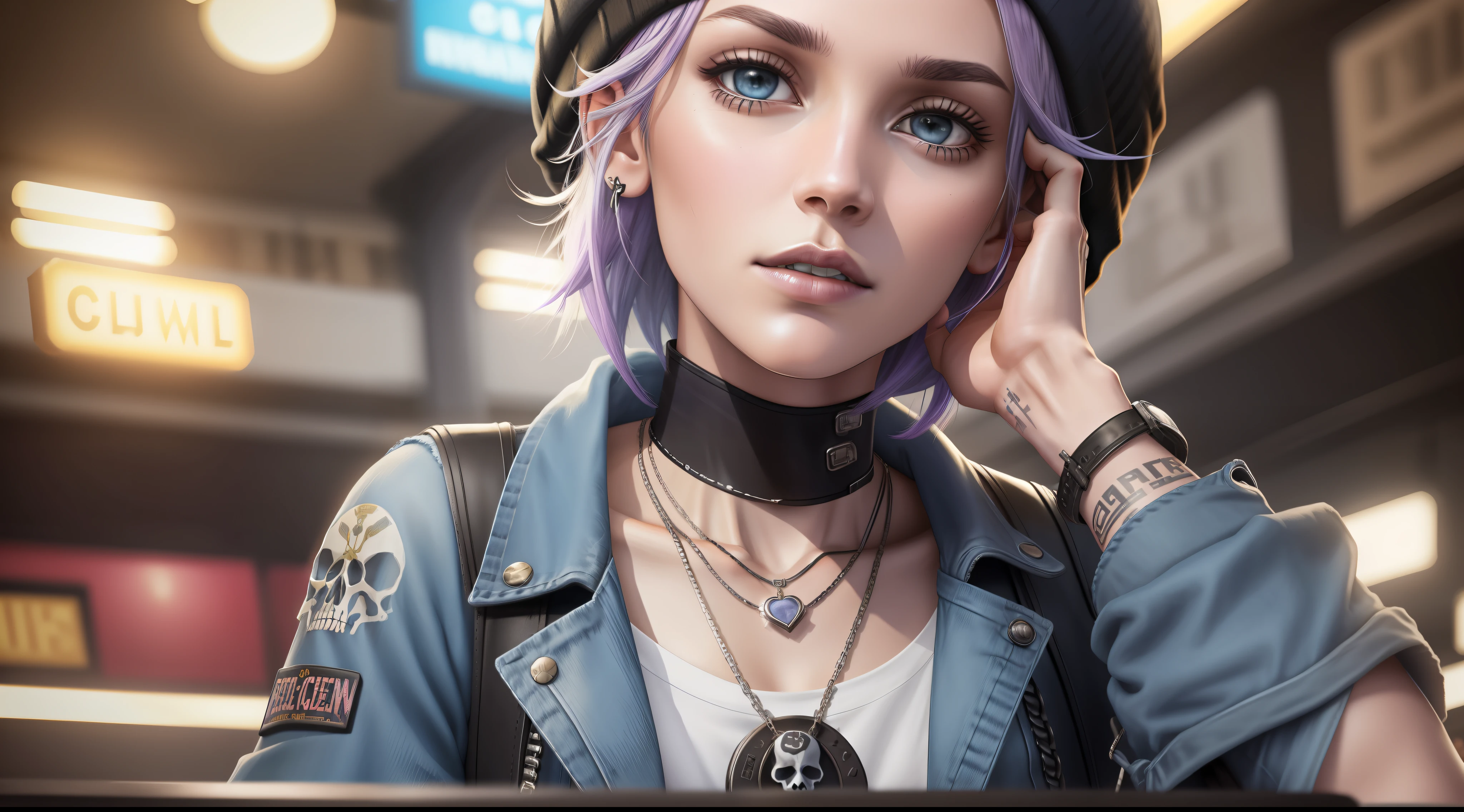Chloe Price, at the the Grand Central Terminal, cinematic, medium shot, whole head in frame, detailed face, detailed eyes, evening, punk aesthetic, pale blue ripped jeans, braces, suspenders, black boots, white shirt, skull, heart, necklace, chain, bullets, black leather jacket, beanie hat, dark blue beanie, tattoo sleeve, right arm, intricate design, flowers, yellowed skull, dyed hair, light purple roots, blue ends, navy T-shirt, rock, chick