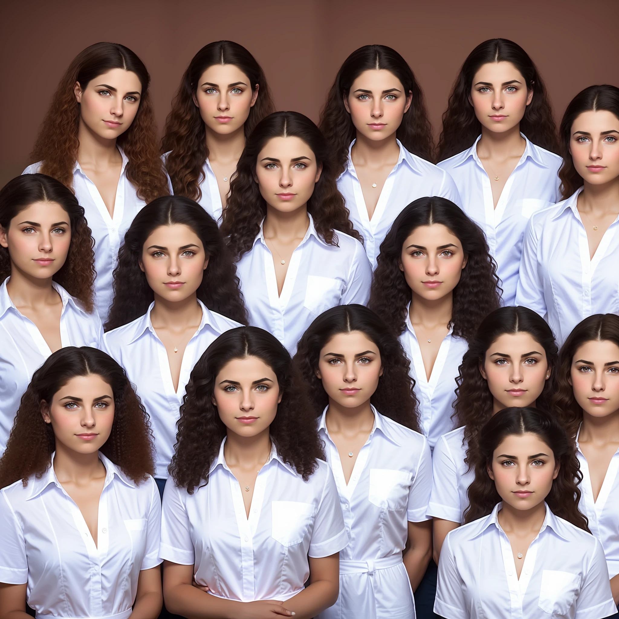 stunning identical sextuplets standing close together, in a room, 25 years old, full body, identical bodies, pale skin, athletic body, identical height, wearing white skirt suits, same faces, same hairstyle, long curly hair, same colour hair, light brown hair, five fingers on each hand, smiling, color, realistic, sharp focus on eyes, sharp focus on nose, 8 k, high definition, insanely detailed, elegant, ultra realistic, photorealism,