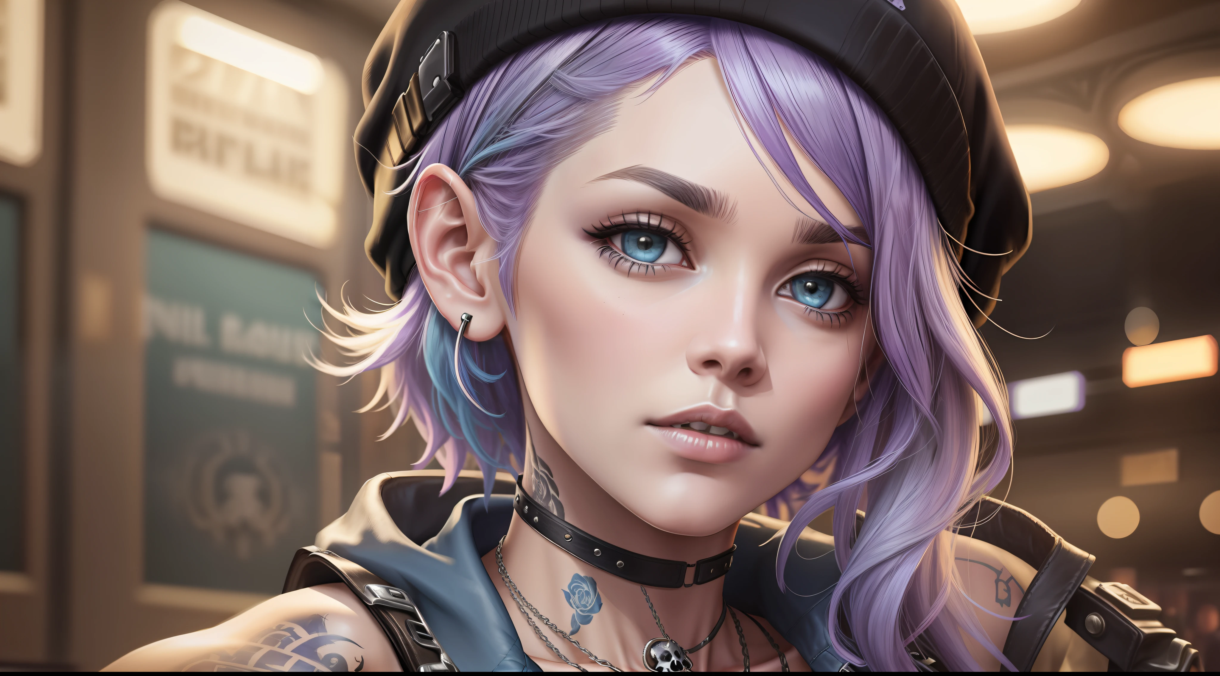 Chloe Price, at the the Grand Central Terminal, cinematic, medium shot, whole head in frame, detailed face, detailed eyes, evening, punk aesthetic, pale blue ripped jeans, braces, suspenders, black boots, white shirt, skull, heart, necklace, chain, bullets, black leather jacket, beanie hat, dark blue beanie, tattoo sleeve, right arm, intricate design, flowers, yellowed skull, dyed hair, light purple roots, blue ends, navy T-shirt, rock, chick