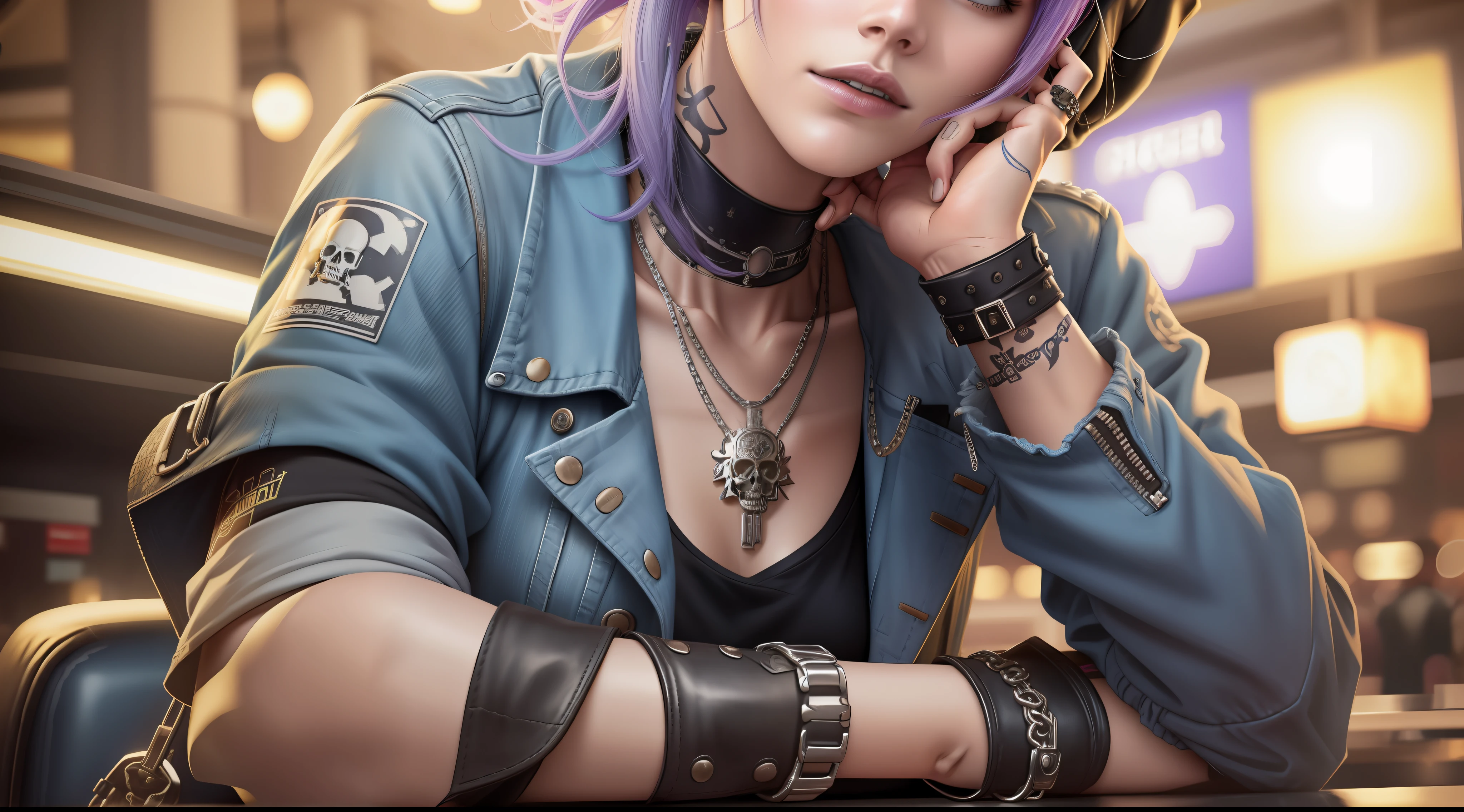 Chloe Price, at the the Grand Central Terminal, cinematic, medium shot, whole head in frame, detailed face, detailed eyes, evening, punk aesthetic, pale blue ripped jeans, braces, suspenders, black boots, white shirt, skull, heart, necklace, chain, bullets, black leather jacket, beanie hat, dark blue beanie, tattoo sleeve, right arm, intricate design, flowers, yellowed skull, dyed hair, light purple roots, blue ends, navy T-shirt, rock, chick
