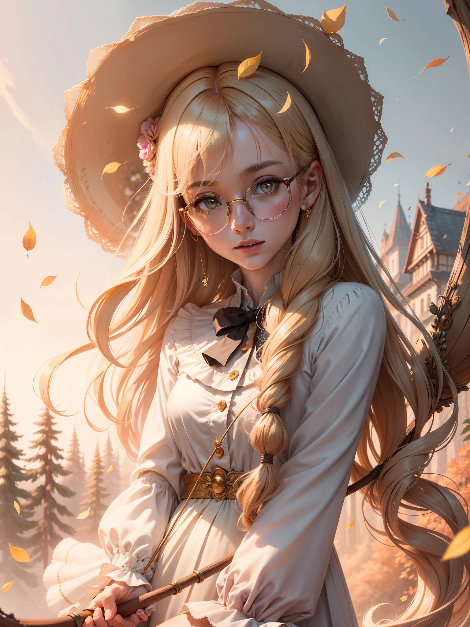 Masterpiece, Best Quality, (Very Detailed CG Unity 8k Wallpaper) (Best Quality), (Best Illustration), (Best Shadow) Delicate leaves of nature petals of various colors fall in the air Light tracking, super detailed , long colored hair, golden eyes, blouse , golden round-framed glasses , natural hands , gold wire eyes , right hand holding a staff in one hand , only one staff , satchel, --v6
