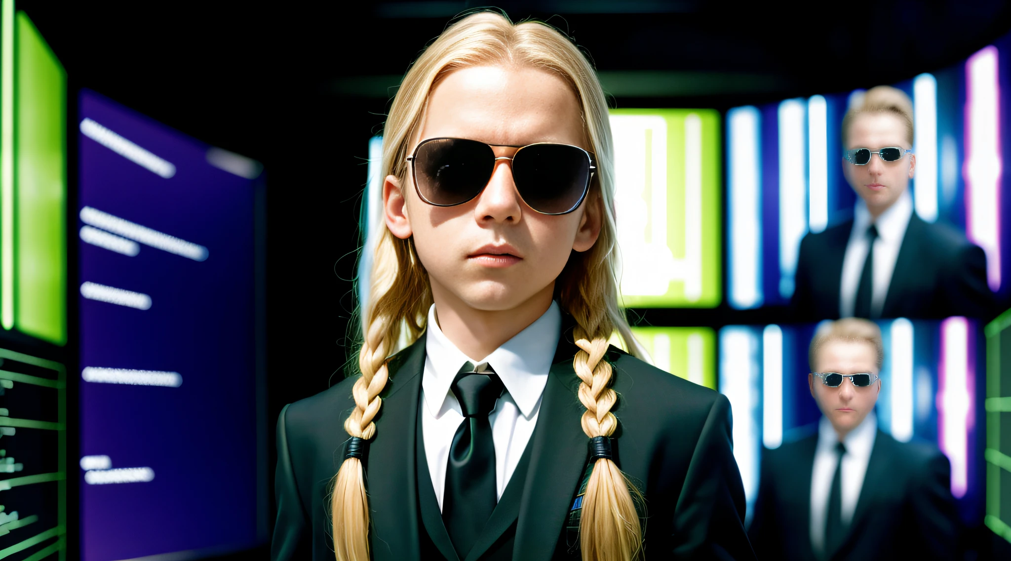A closeup of a toddler boy with long blonde hair, in a suit and sunglasses in front of a wall of televisions, in the new Matrix movie, Matrix Movie Color grading.