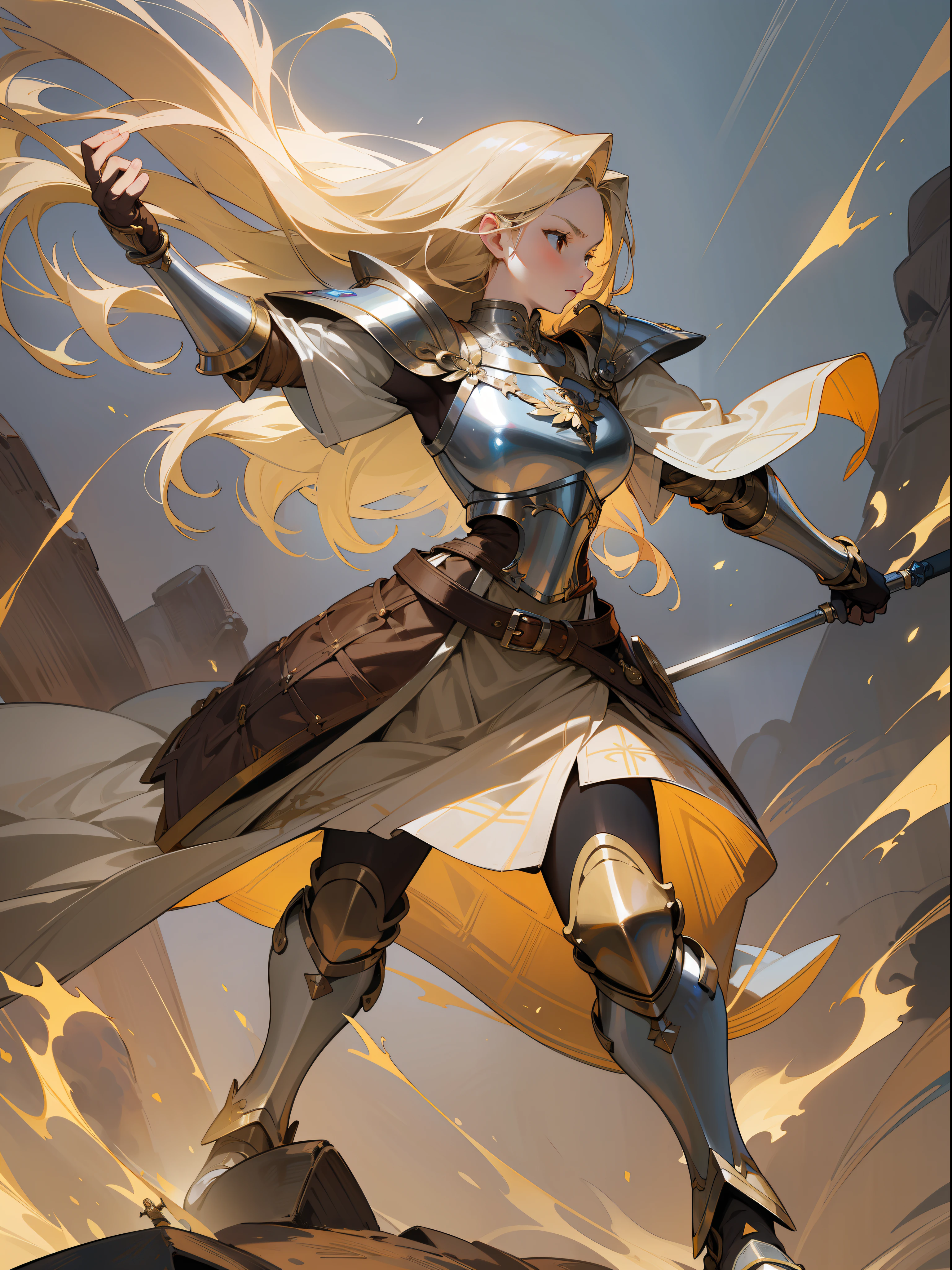 masterpiece, best quality, mature woman, warrior, long light blonde hair, brown clothing, silver breastplate, silver shin guard, belt, skirt, full body, fantasy, medieval, in a battle arena, dynamic pose, beautiful detailed glow.