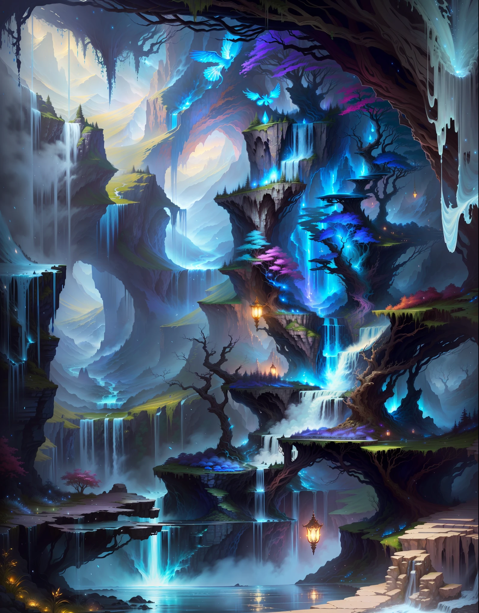 a painting of a waterfall with a waterfall in the middle, detailed fantasy digital art, magic fantasy highly detailed, highly detailed fantasy art, beautiful detailed fantasy, magical environment, magical background, magical landscape, intricate fantasy painting, detailed fantasy art, detailed dreamscape, fantasy highly detailed, detailed fantasy illustration, 4k highly detailed digital art, beautiful fantasy painting, magical fantasy forest