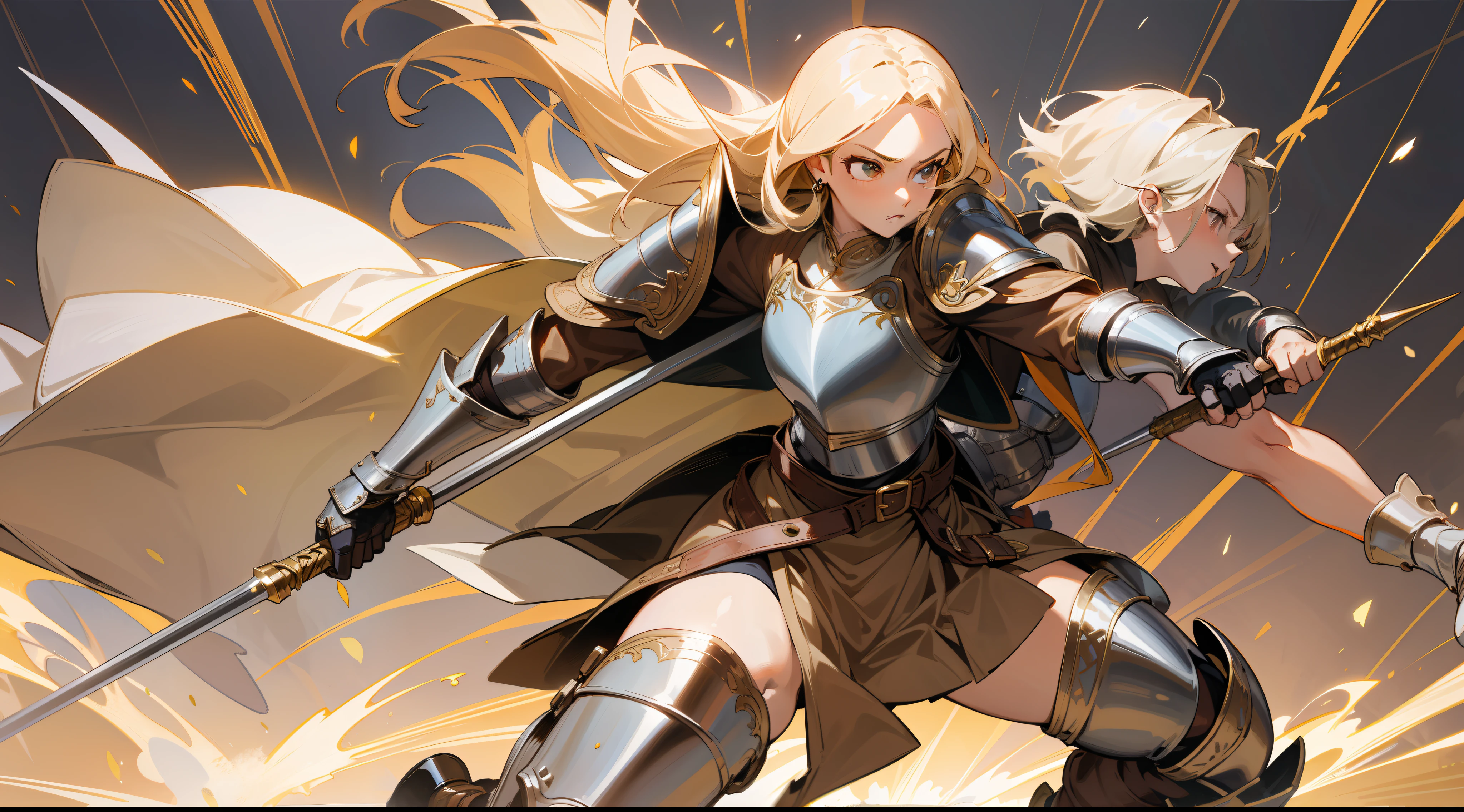 masterpiece, best quality, mature woman, warrior, long light blonde hair, brown clothing, silver breastplate, silver shin guard, belt, skirt, costume, medieval, in a battle arena, dynamic pose, beautiful detailed glow.