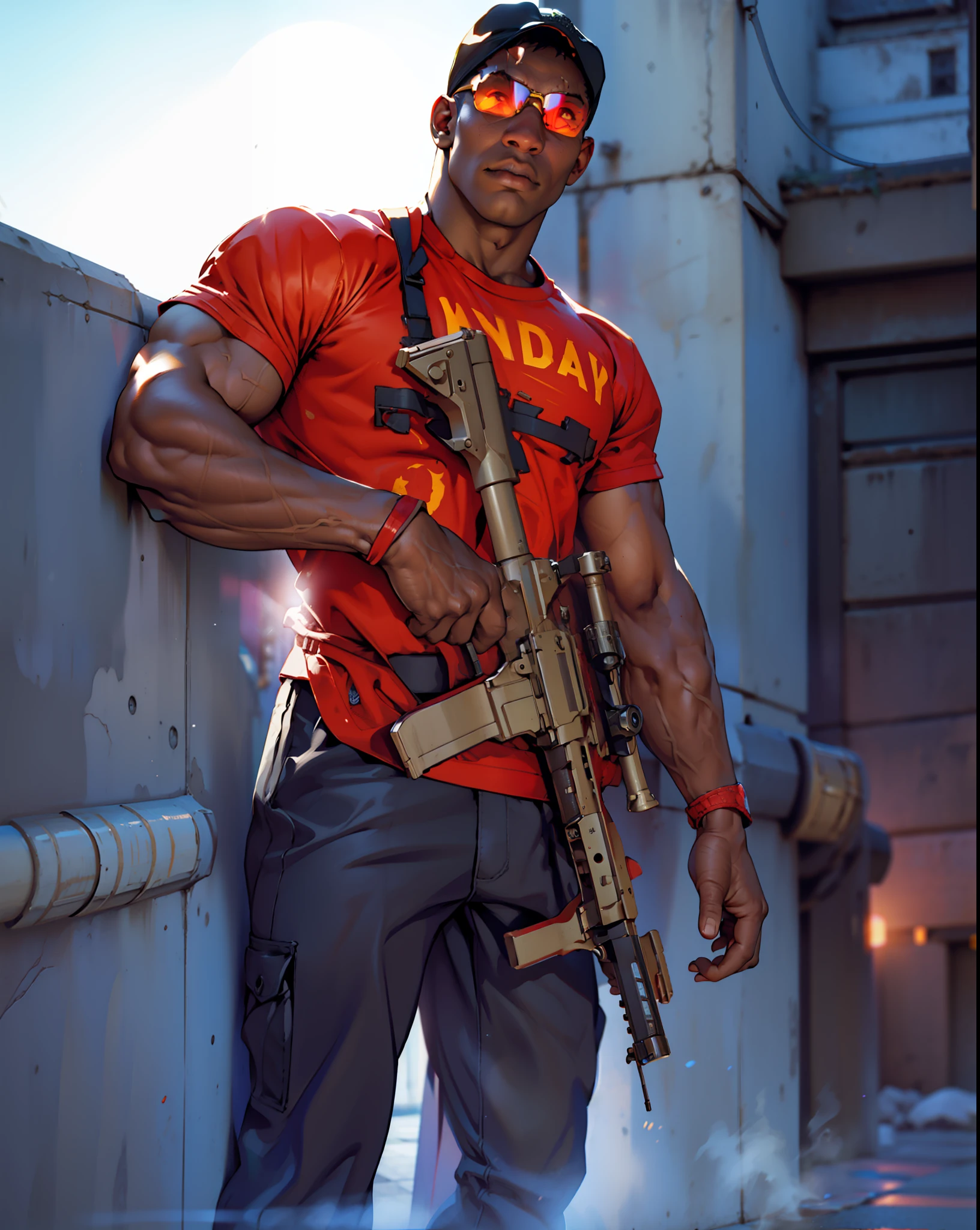 ((balrog)), holding assault rifle, room, pistol at waist, Illuminated by internal light, Recon clothing, sunglasses, cap back, Digital art, 3D, Realistic raytraicing, Cinematic light, (street fighter)