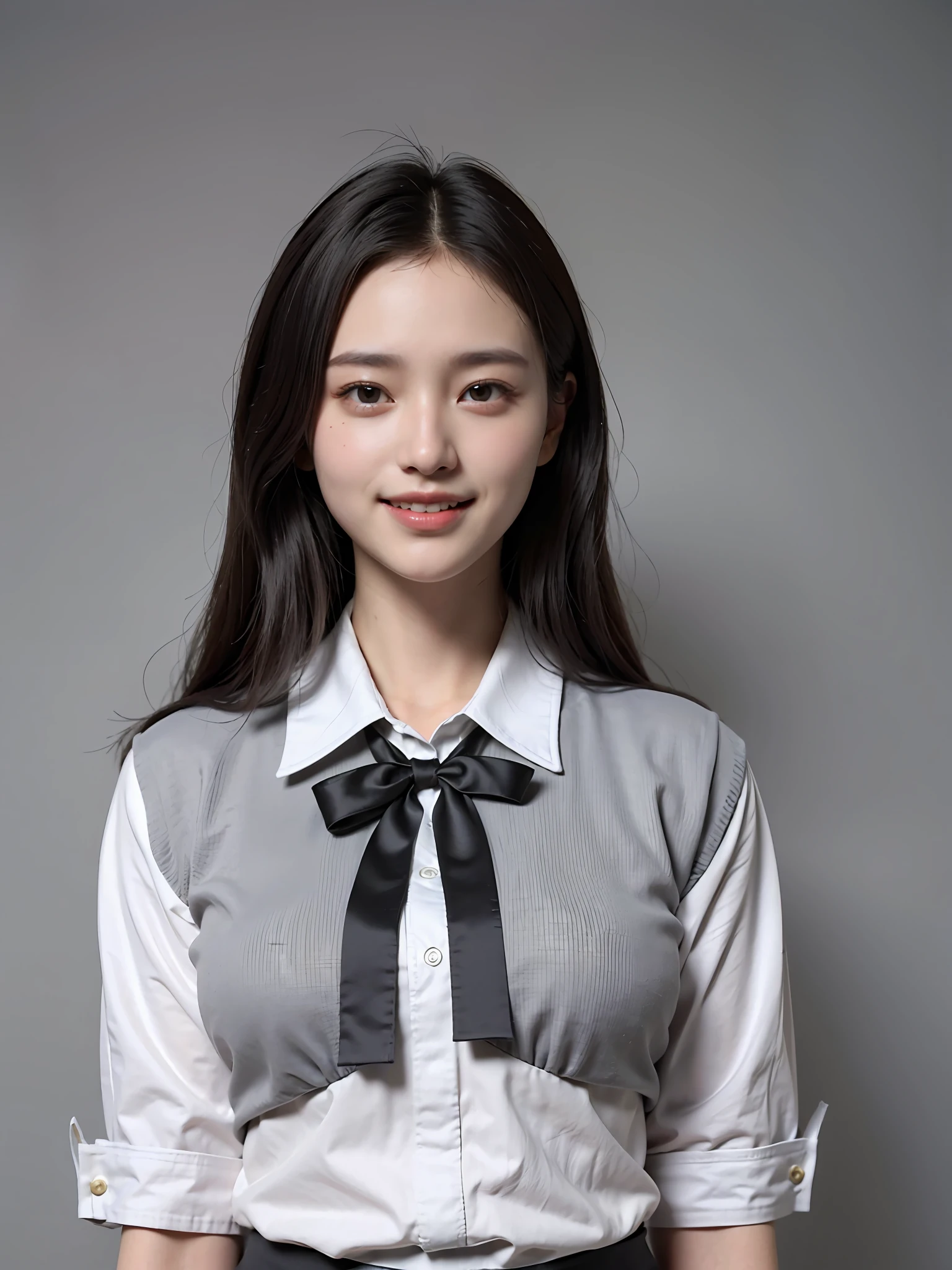(Gray background: 1.5), (Photorealistic: 1.4), (Best quality: 1.0), (Ultra High Definition: 1.0), 8K, RAW photography, (Masterpiece: 0.2), 1 girl, Beautiful skin, Fine skin, Full smile, Teeth, (Uniform: 1.5), touch hair