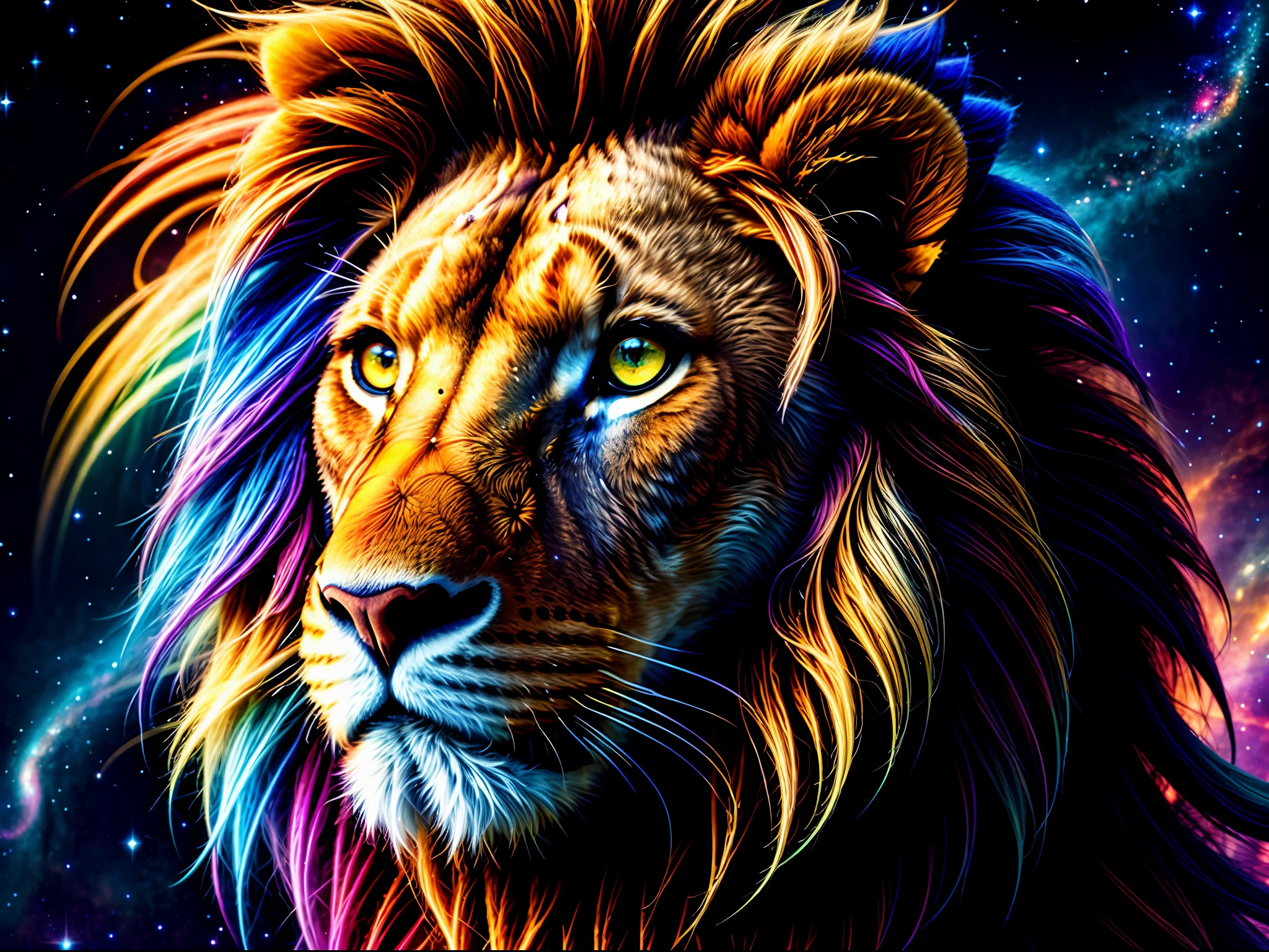 a photograph Galaxies, spirals, space, nebulae, stars, smoke, iridescent, intricate detail, in the shape of a lion, octane rendering, 8k hyper realistic, realistic texture, unreal natural lighting engine, cinestill 800, (35mm lens)