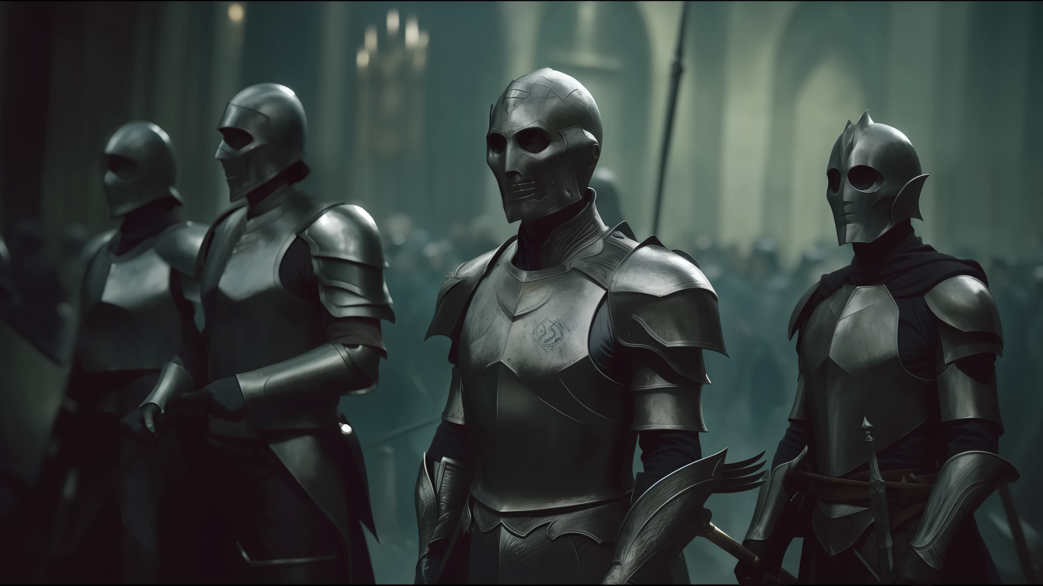 a close up of a group of people wearing armor and helmets, film still of voldemort, lecouffe deharme, pilgrimage, giant crowd, silver insignia, morningstar, full faces, member of the endless