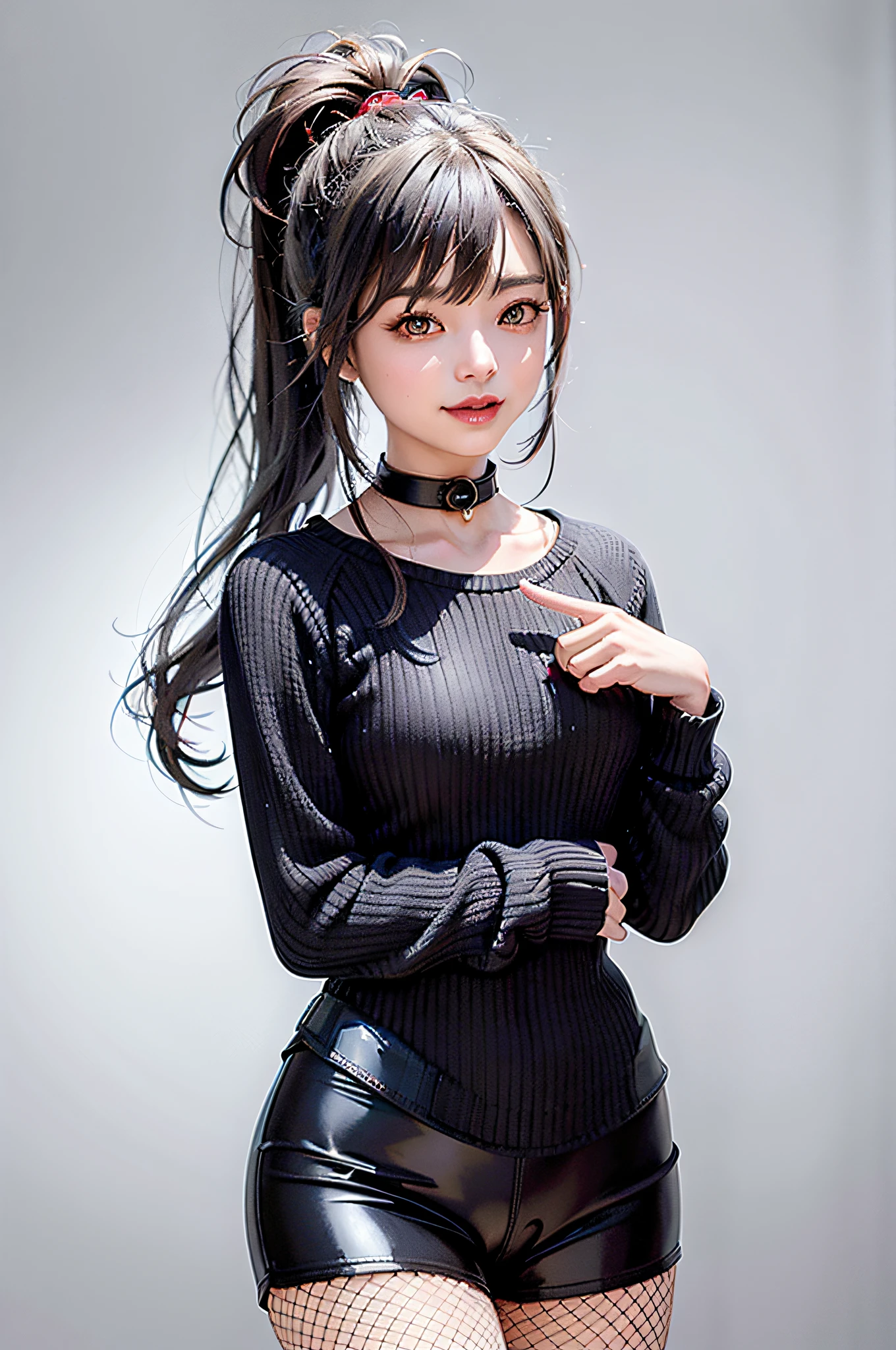 1girl,masterpiece,highest quality,futao (genshin impact),butao,ponytail,brunette,solo,symbol pupil,long hair, finger heart, bangs, black shorts,(highly detailed CG unity 8k wallpaper), (masterpiece), (top quality), (super detailed), (best illustration), (best shadow), (realistic:1.4), 1girl on street, Kpop idol, ((very oversized sweater, button sweater, open sweater), (gray hair:1.1), collarbone, (middle breast: 1.3), viewer, smile, whole body, (latex clothes, Latex tights, soft smile, smooth texture of clothes),