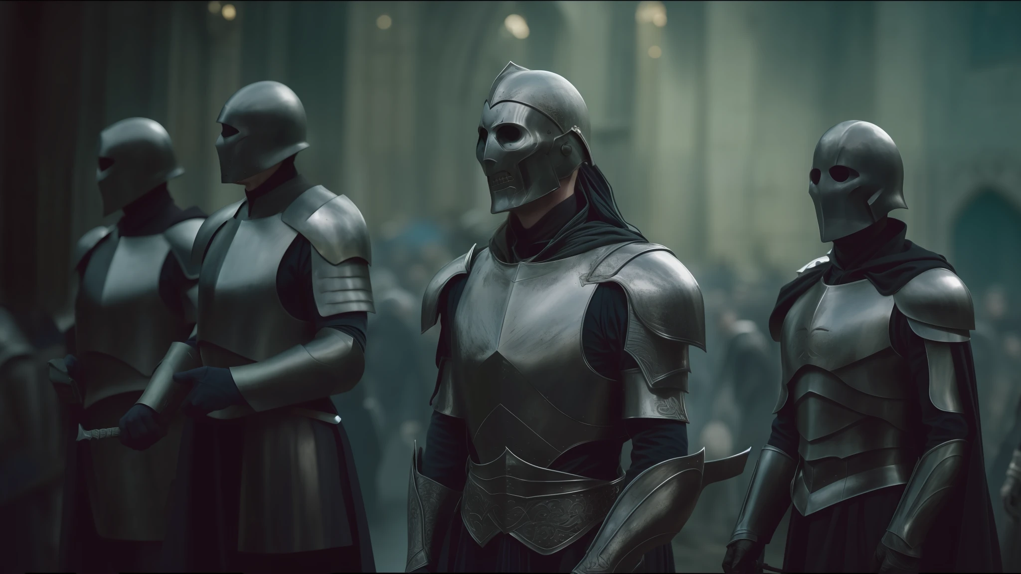 a close up of a group of people wearing armor and helmets, film still of voldemort, lecouffe deharme, pilgrimage, giant crowd, silver insignia, morningstar, full faces, member of the endless