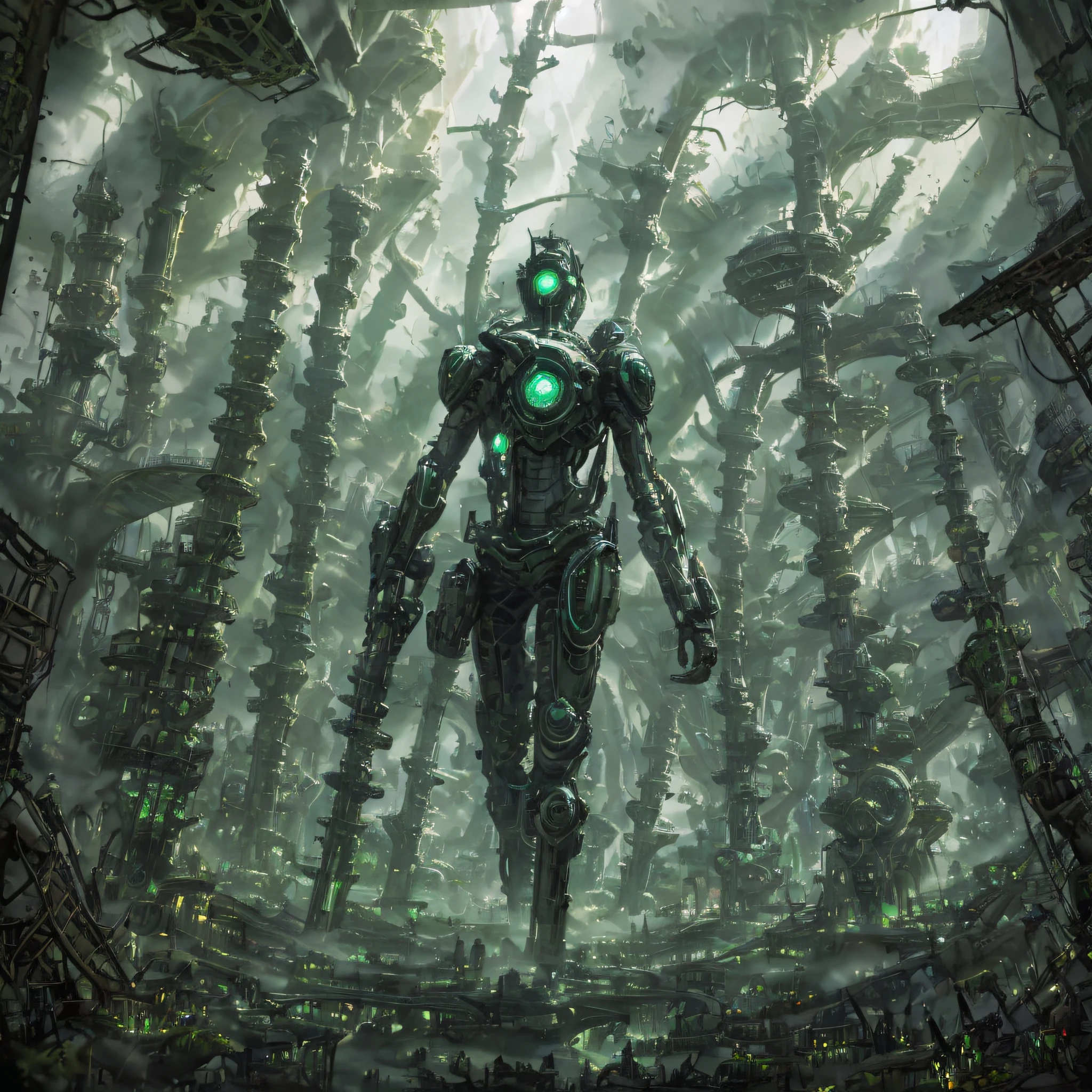 Imagine a dense, cyberpunk forest where the trees have been replaced with neon-lit pillars and the ground is a mass of tangled wires, circuitry and metal debris. A fog drifts through the forest, enhancing the surreal atmosphere with a gloomy and eerie feel. In the midst of this environment, a lone figure dressed in advanced cybernetic gear is walking cautiously amidst the pillars, armed with a high-tech weapon. The figure can be either human or some kind of advanced cyborg. The surroundings should be a beautiful-yet-futuristic assortment of biomechanical flora, glowing mushrooms and lichens, weaving together an environment that feels shockingly unnatural. The atmosphere should be both beautiful and ominous at the same time, with a sense of danger lurking around every corner --auto --s2