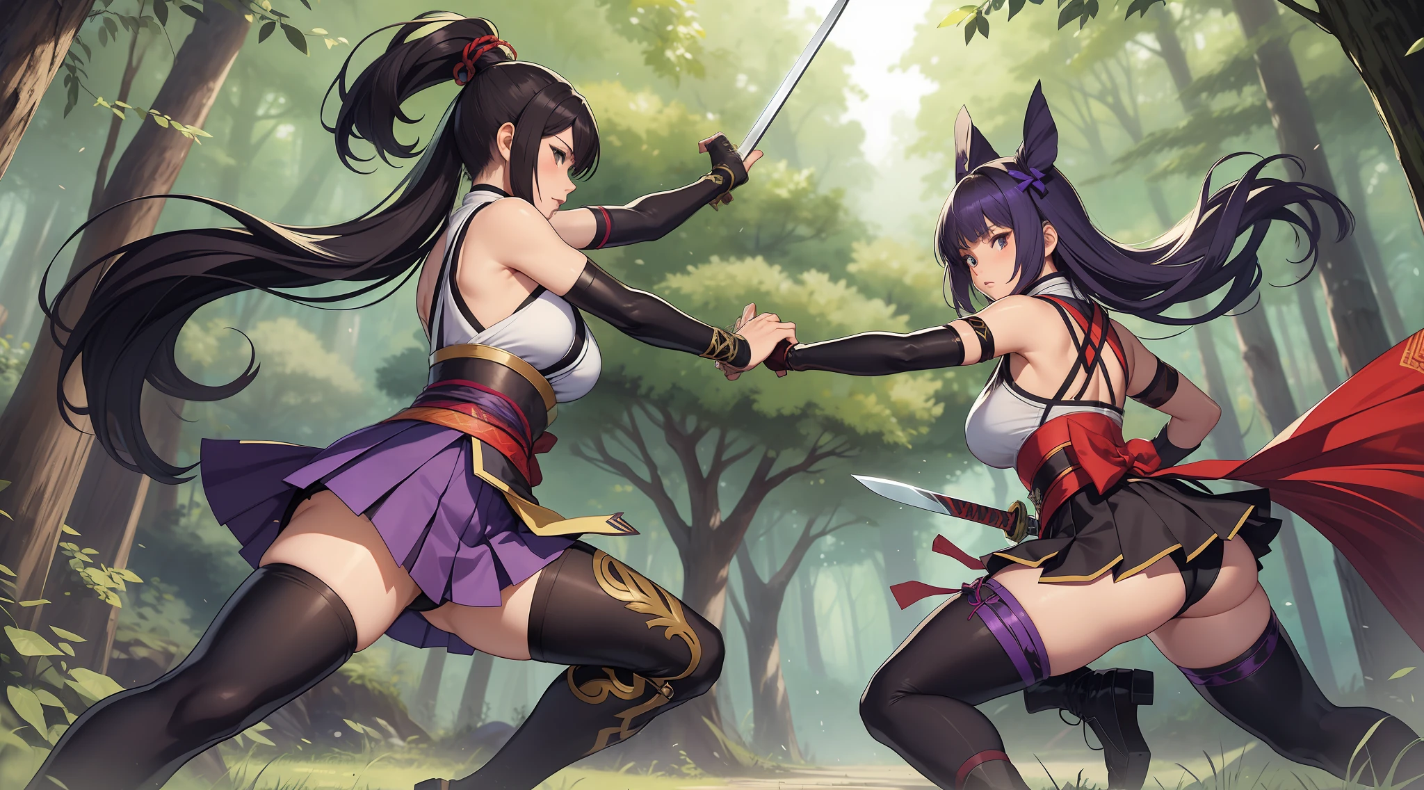 Full body shot of character from Dead or Alive game. Kasumi versus Ayane, same size, engaged in a fierce duel with short swords, showcasing their impressive swordplay and deadly precision. Their long loose hairstyles flow behind them as they battle in a stunning and lush forest setting. Both warriors are dressed in sleeveless kimonos and skirt, adorned with an obi tied to back hip, and accessorized with black thin elbow gloves, 100% black thigh high socks, and small black boots.