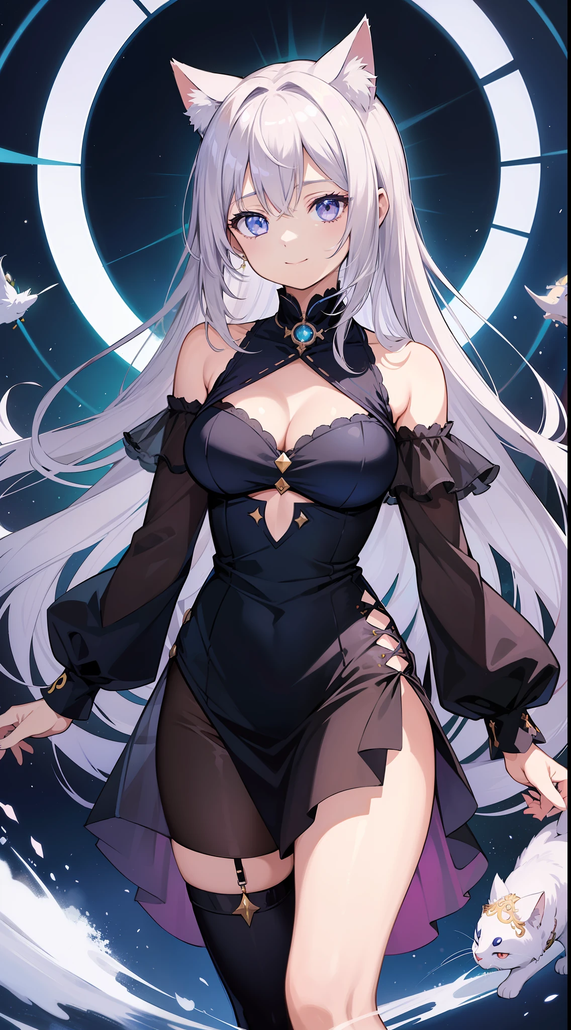 (Masterpiece), (Top Quality Anime Illustration), (Super Definition), One Girl, Solo, Silver-Haired Beautiful Girl, Anime Loli, Cat Ear Loli, See-Through Dress, Off Shoulder, Smile, Cleavage Emphasis, Lower Breast Enhancement, Thighs, Tarot Card Style, Emperor