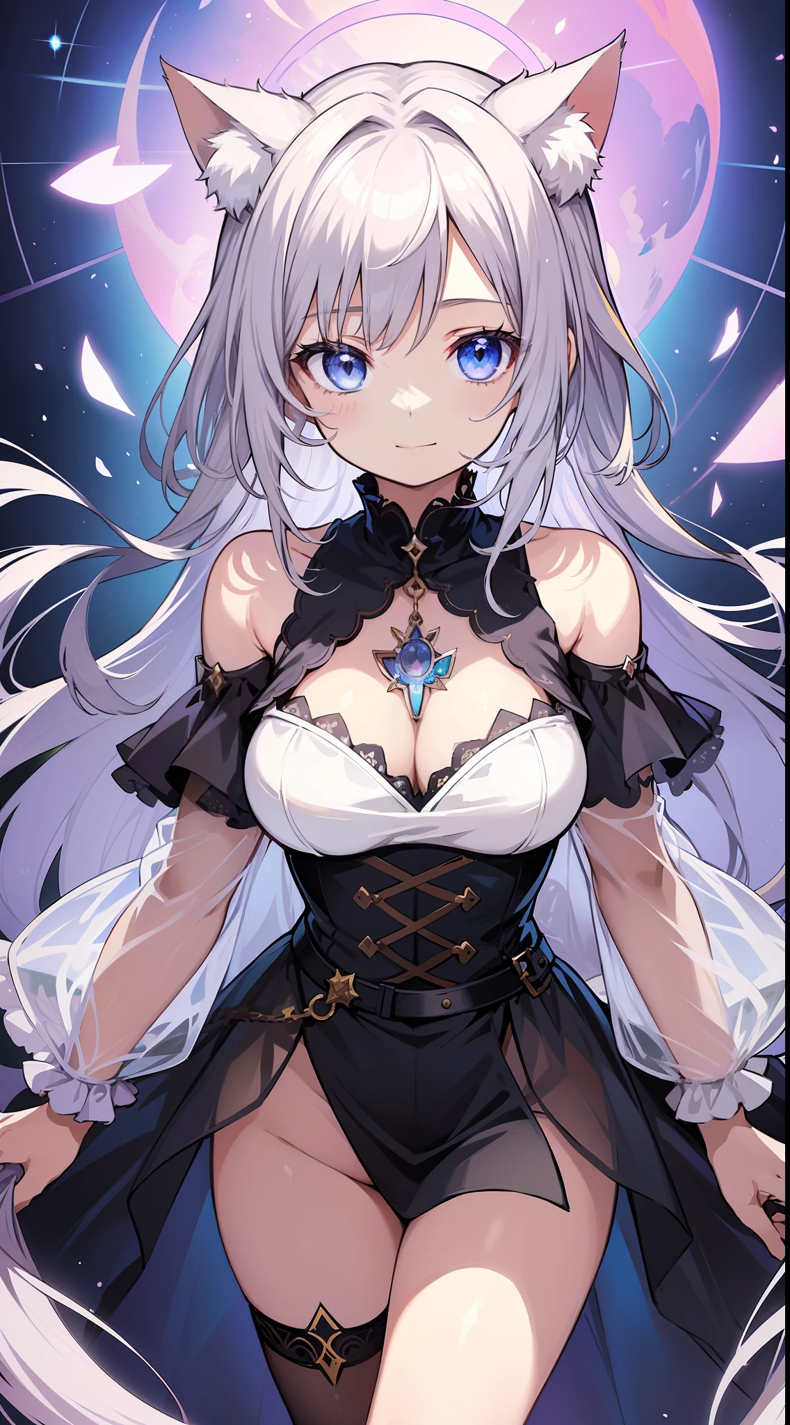 (Masterpiece), (Top Quality Anime Illustration), (Super Definition), One Girl, Solo, Silver-Haired Beautiful Girl, Anime Loli, Cat Ear Loli, See-Through Dress, Off Shoulder, Smile, Cleavage Emphasis, Lower Breast Enhancement, Thighs, Tarot Card Style, Emperor