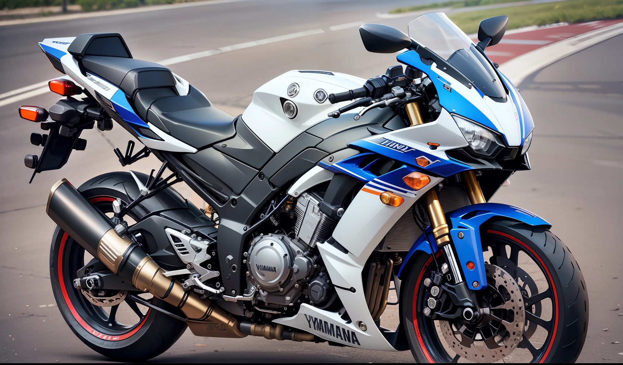 R15 V6,(Yamaha motorcycle),(High Detailed,Best Quality,,Model 2020, Modified Stickers)Focus Motorcycle,Tilt View,Street City Background,Shadow , Cenimatic Lighting, masterpiece,)