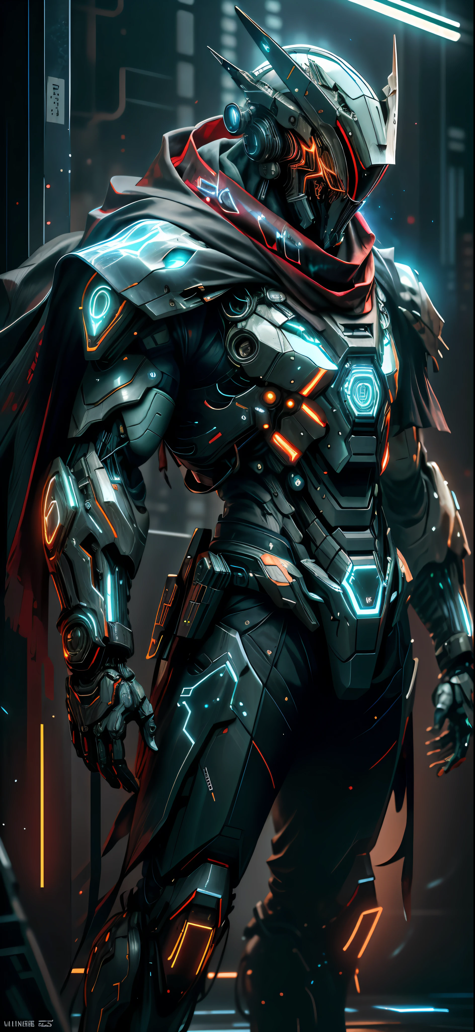 realistic,shiny,reflective,bioluminic, galactic cybernetic mask,mecha,(assassin:1.2),scarf,cloak,sh4g0d,GlowingRunes_red,fullbody,cinemnatic,dark background,backlight,high contrast,