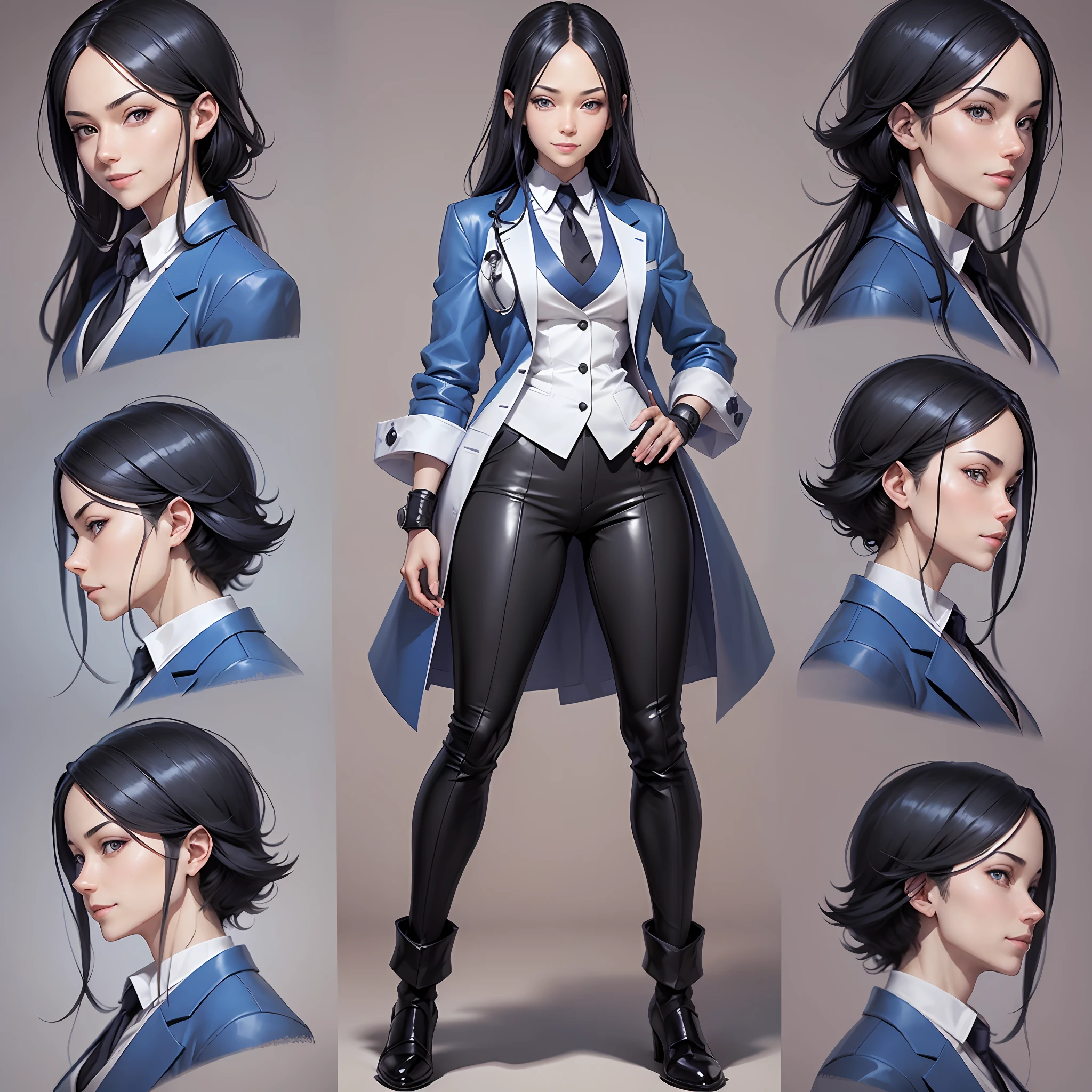 a gorgeous doctor with a simple smile, lab coat, black hair, blue eyes, full body concept art, concept art from head to toe, detailed concept art, highly detailed, detailed concept art, conceptual art,Yusuke Murata manga art style, ( ( Yusuke Murata ) --auto --s2