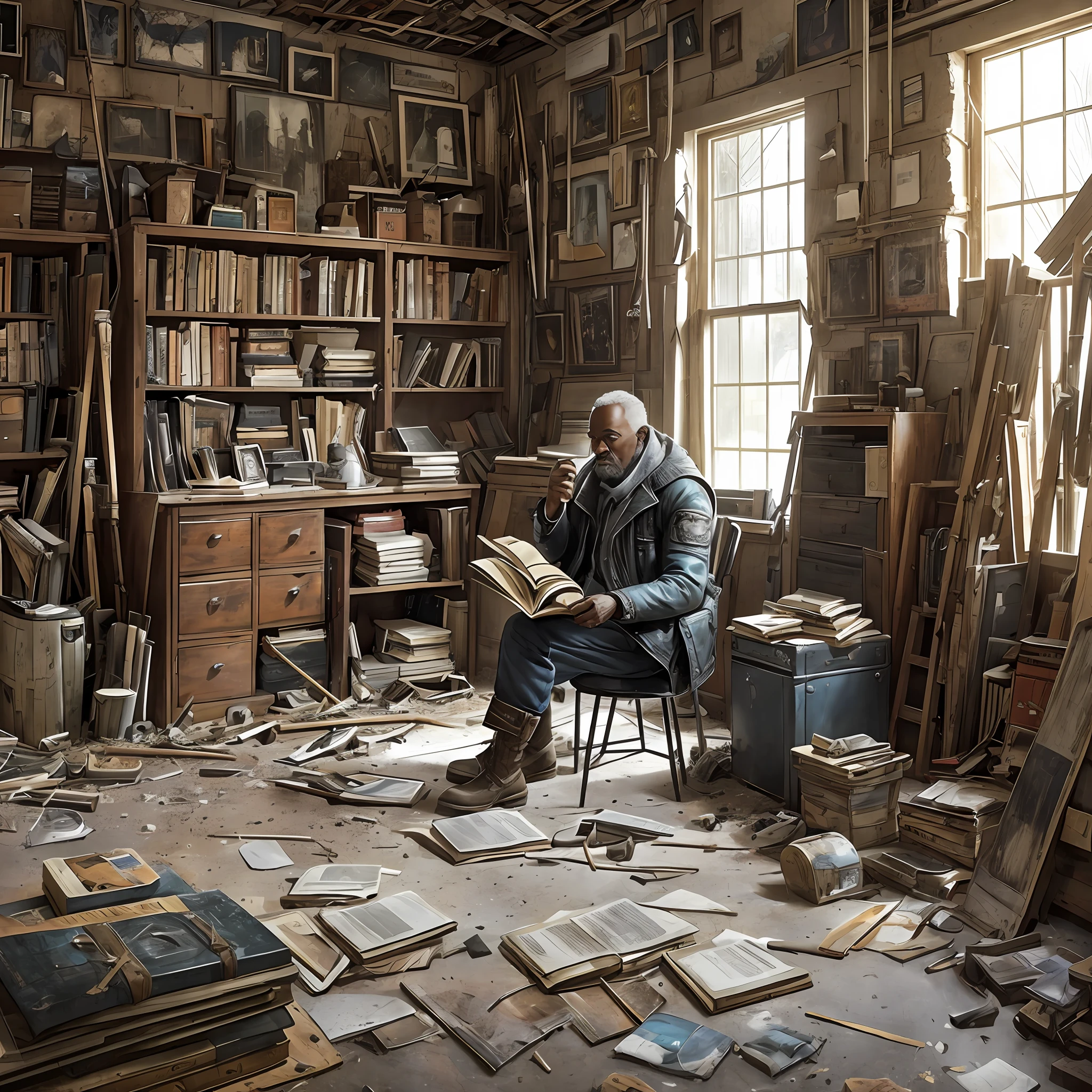 there's an old black man sitting in a messy room reading a book, inside a destroyed room, frozen post-apocalyptic room interior, standing in his messy garage, messy room, detailed conceptual photography, messy books about the room, in a devastated library, conceptual image, cluttered room, Richard Carline's erik johansson style, inside a cluttered room, Erik Johansson, Sci-Fi, Dieselpunk, Frostpunk --auto --s2