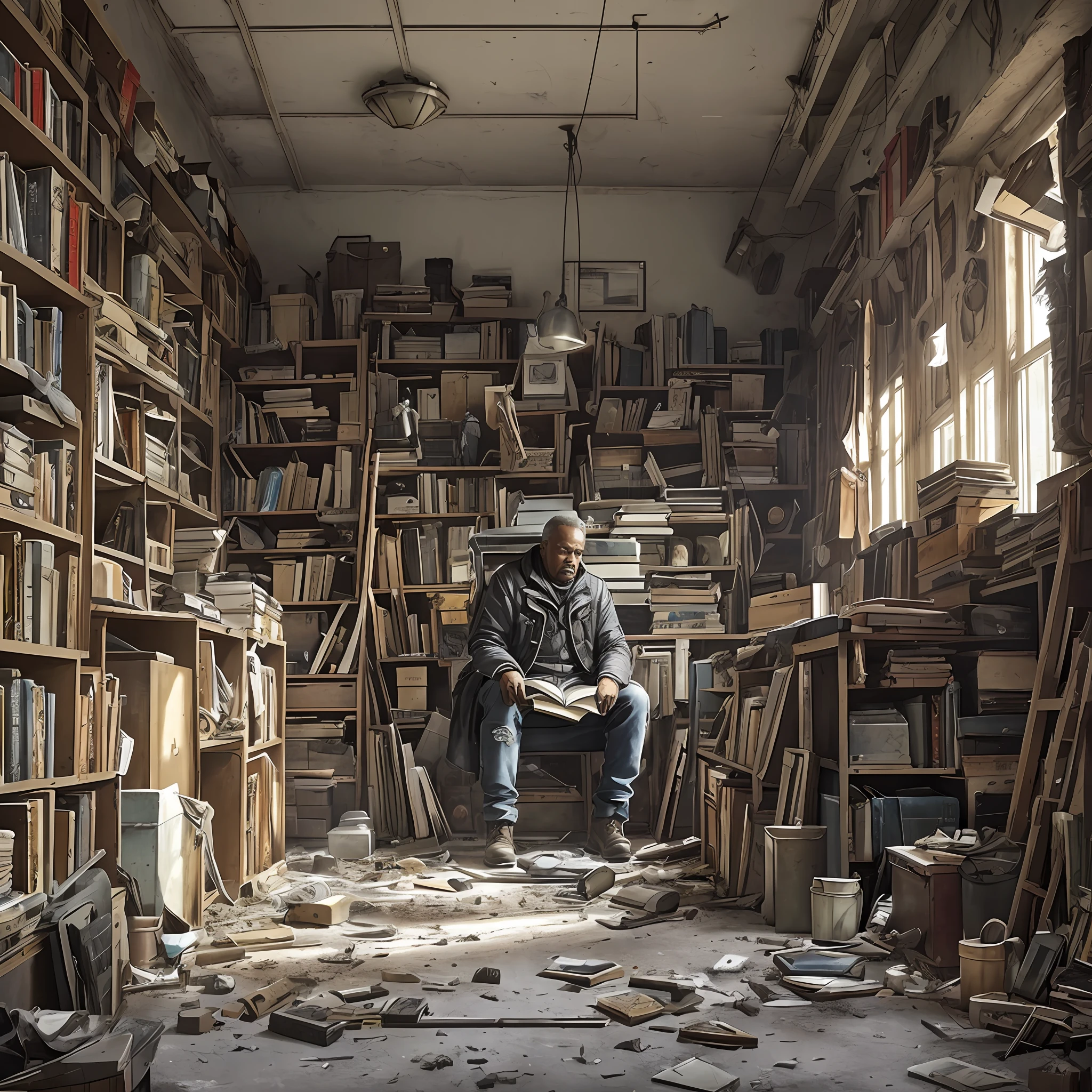 there's an old black man sitting in a messy room reading a book, inside a destroyed room, frozen post-apocalyptic room interior, standing in his messy garage, messy room, detailed conceptual photography, messy books about the room, in a devastated library, conceptual image, cluttered room, Richard Carline's erik johansson style, inside a cluttered room,  Erik Johansson, Sci-Fi, Dieselpunk, Frostpunk --auto --s2