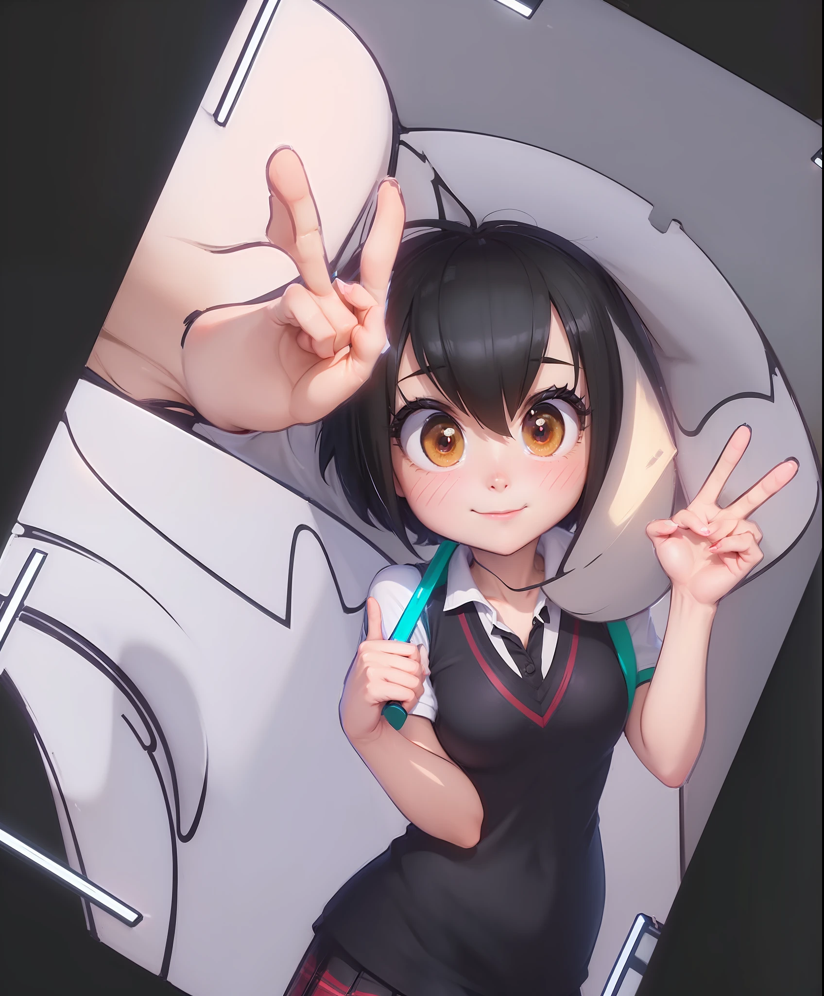 ((Cinematic light, Best quality, 8k, Masterpiece :1.3)), 1girl, Beautiful woman, anime style, peni-parker, happy, shy, v sign, peace sign, wearing a uniform,