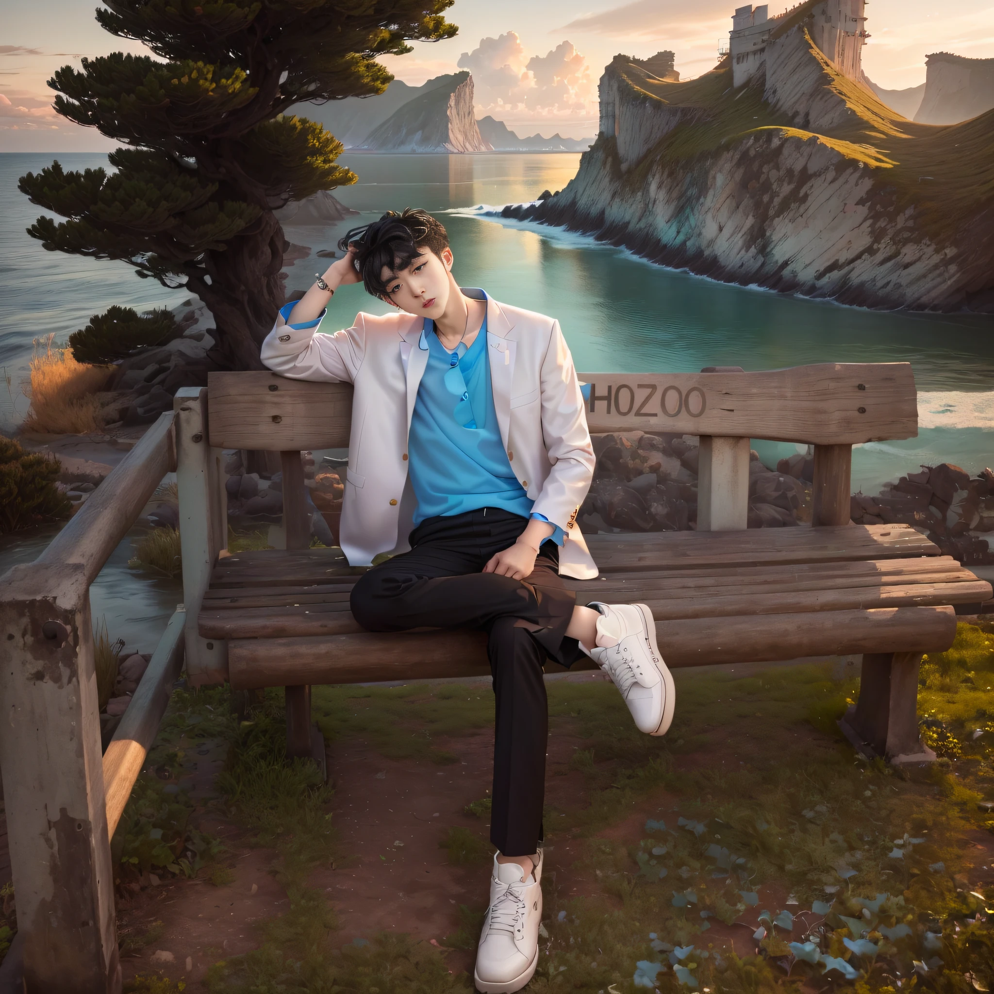 there is a man sitting on a bench with his hands on his head, male ulzzang, cai xukun, inspired by Zhang Han, hsiao-ron, the ocean in the background, hyung tae, profile shot, inspired by Yu Zhiding, hziulquoigmnzhah, profile pic, background is heavenly, declan mckenna